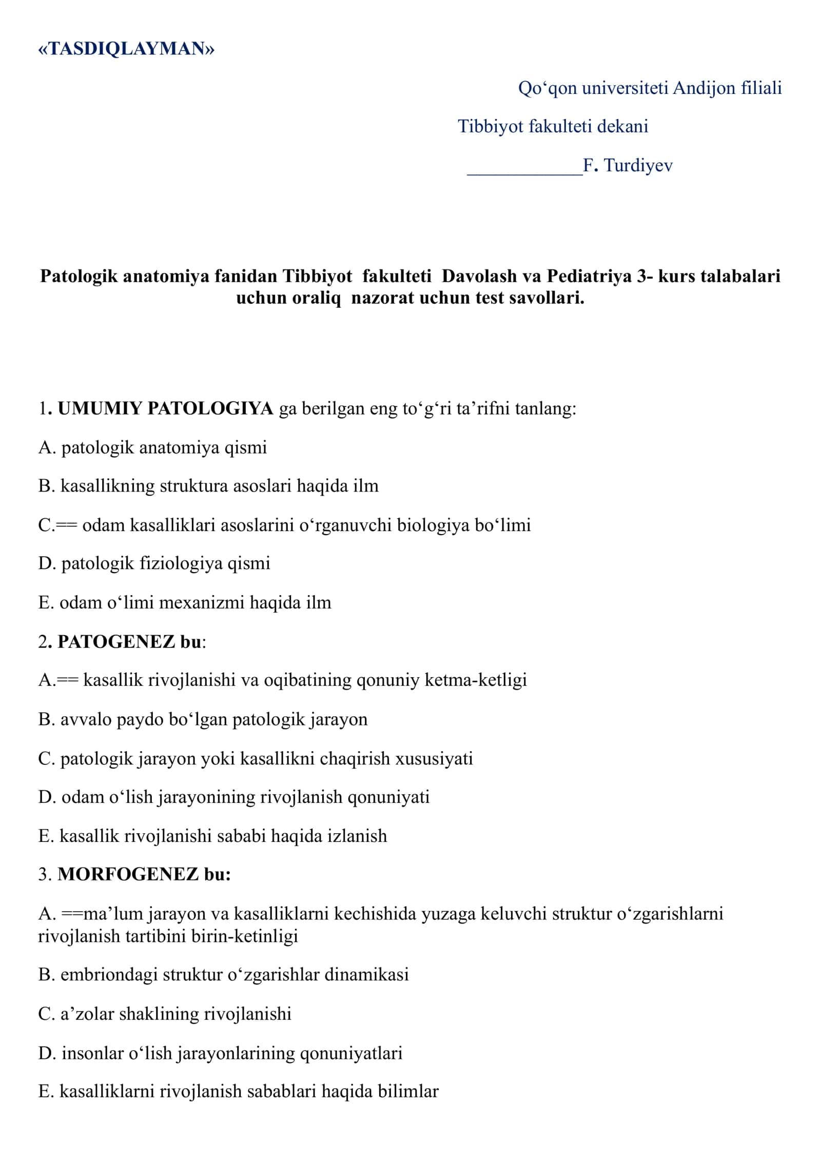 PATOLOGIK ANATOMIYA FANIDAN NAMUNA TEST SAVOLLARI