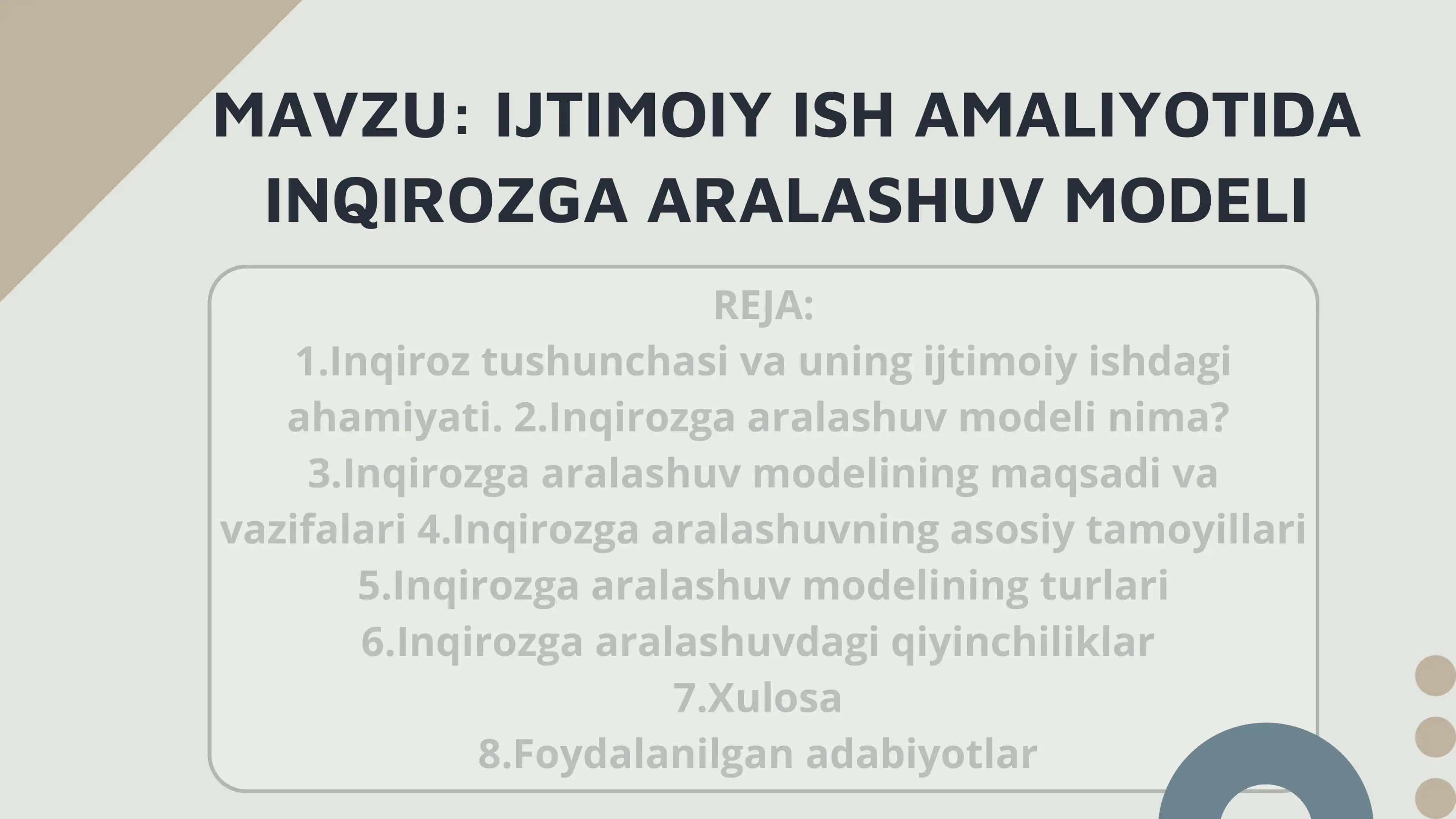 IJTIMOIY ISH AMALIYOTIDA INQIROZGA ARALASHUV MODELI