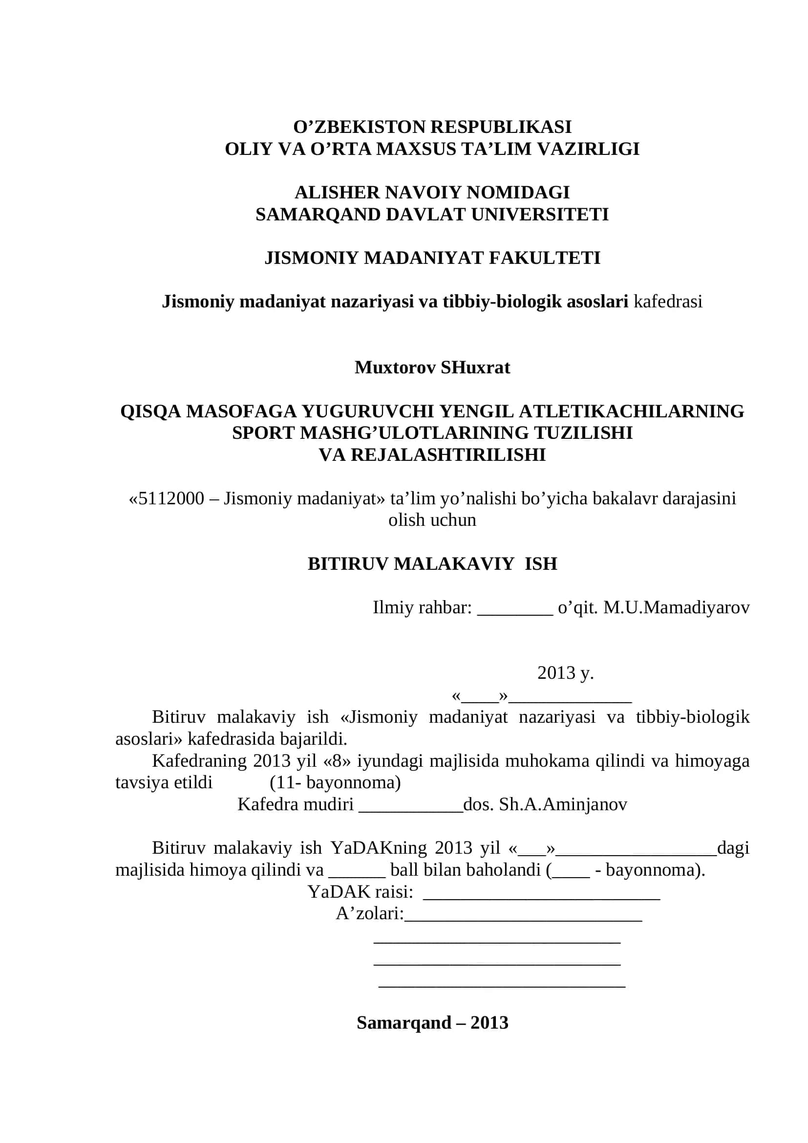 QISQA MASOFAGA YUGURUVCHI YENGIL ATLETIKACHILARNING SPORT MASHG’ULOTLARINING TUZILISHI VA REJALASHTIRILISHI