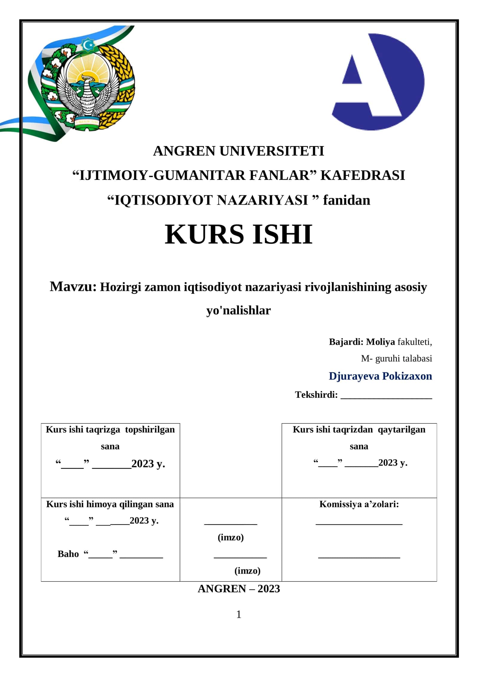 Hozirgi zamon iqtisodiyot nazariyasi rivojlanishining asosiy yo'nalishlar