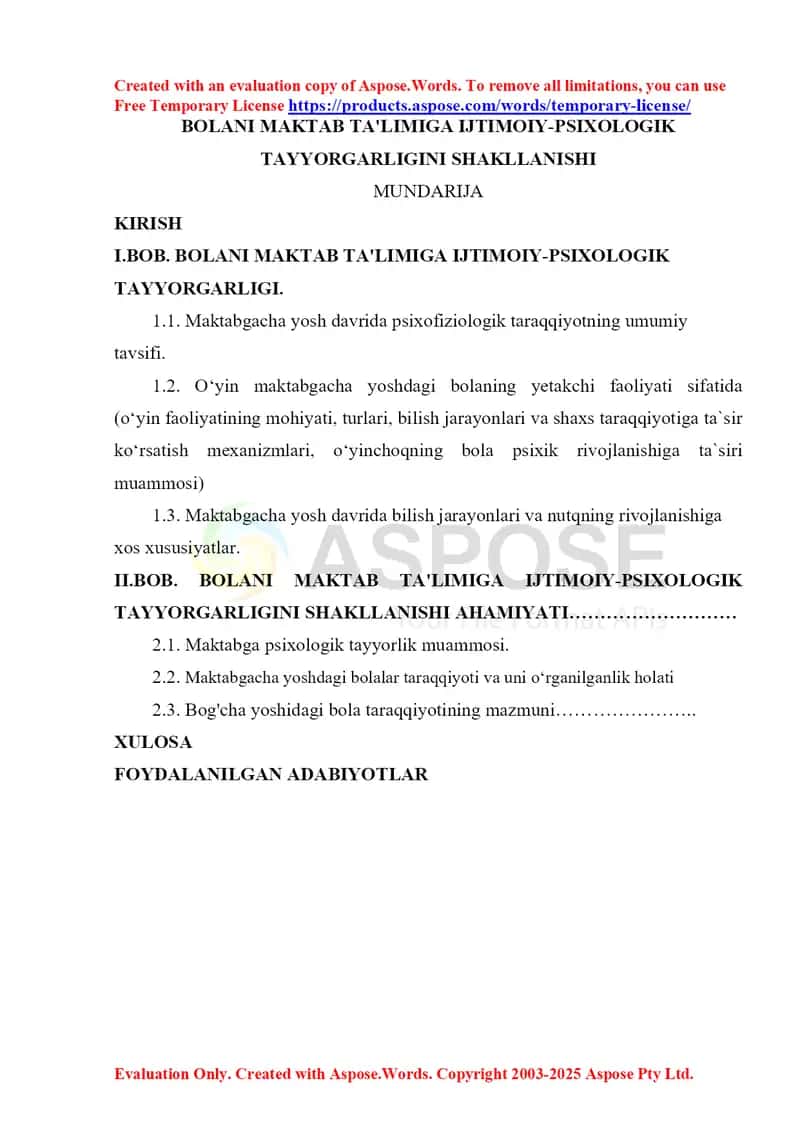 Bolani maktab ta'limiga ijtimoiy-psixologik tayyorgarligini shakllanishi