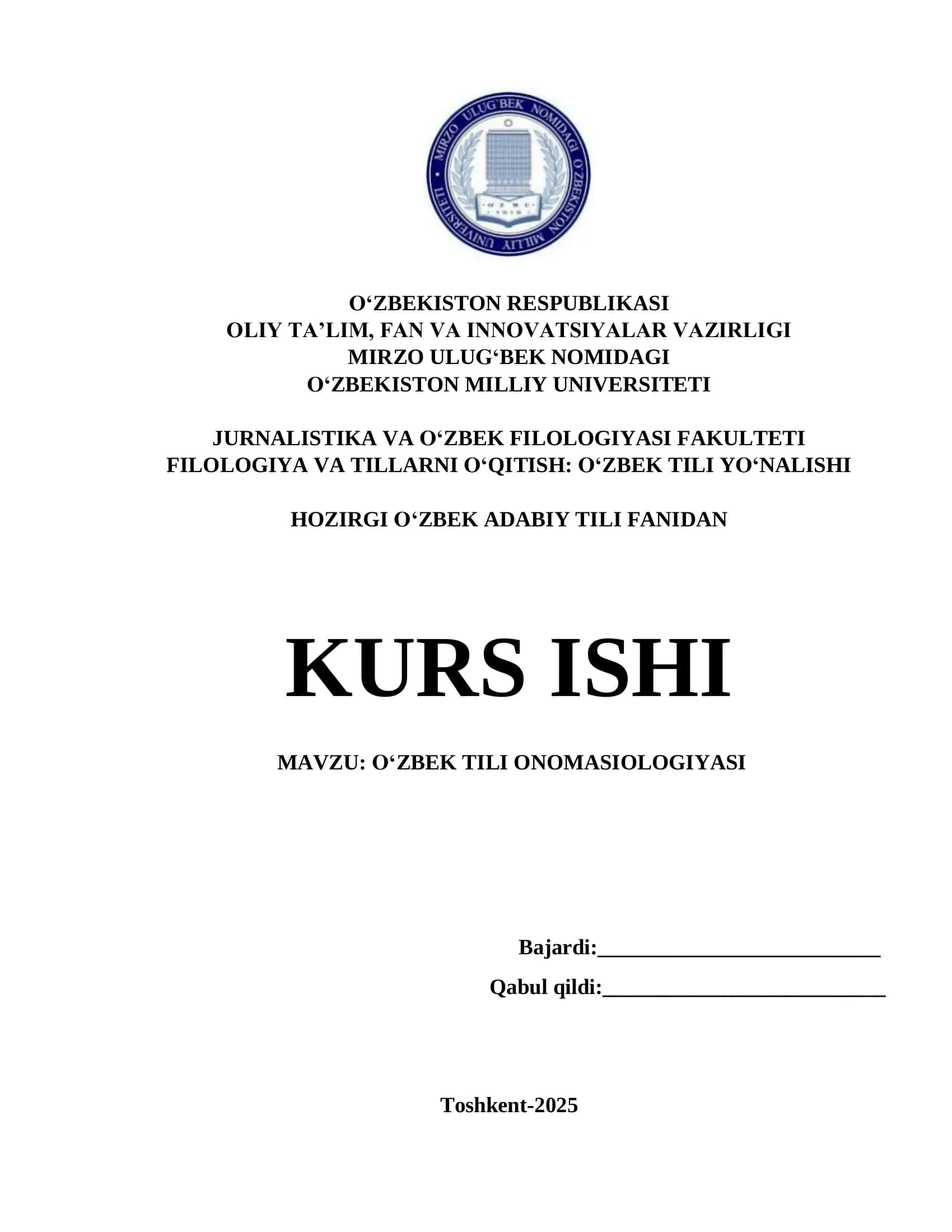 O‘ZBEK TILI ONOMASIOLOGIYASI