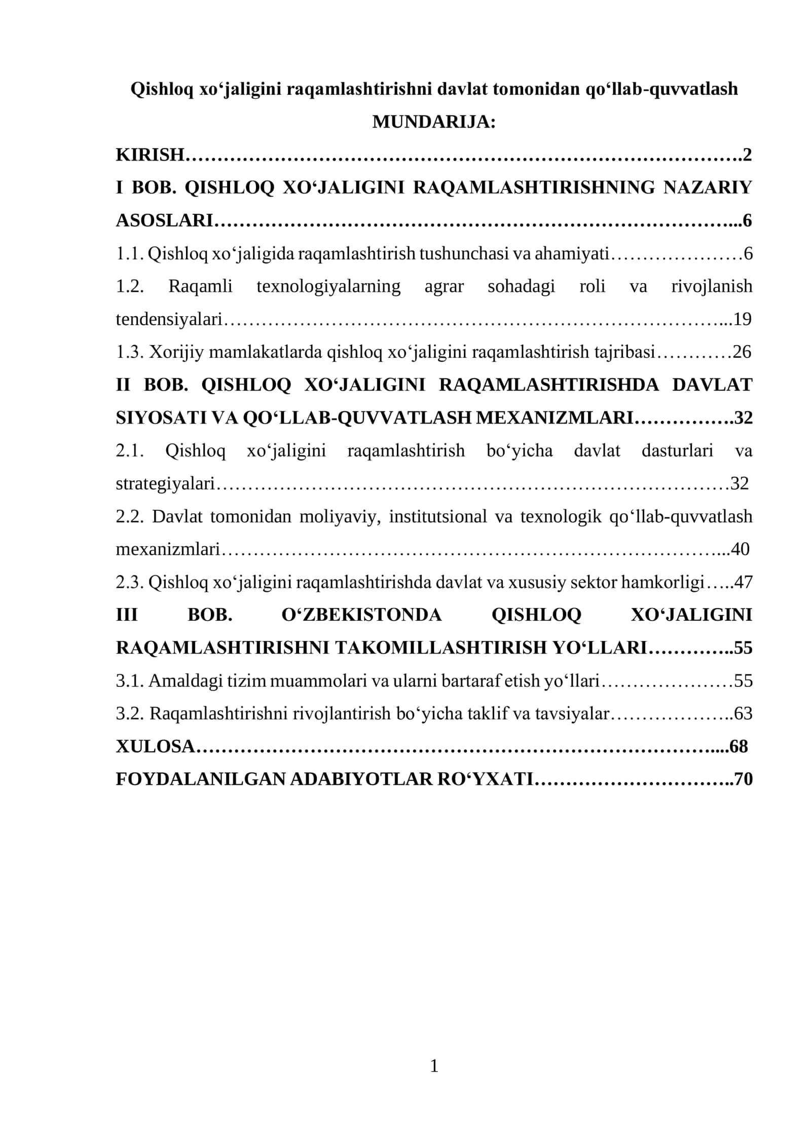 Qishloq xo‘jaligini raqamlashtirishni davlat tomonidan qo‘llab-quvvatlash