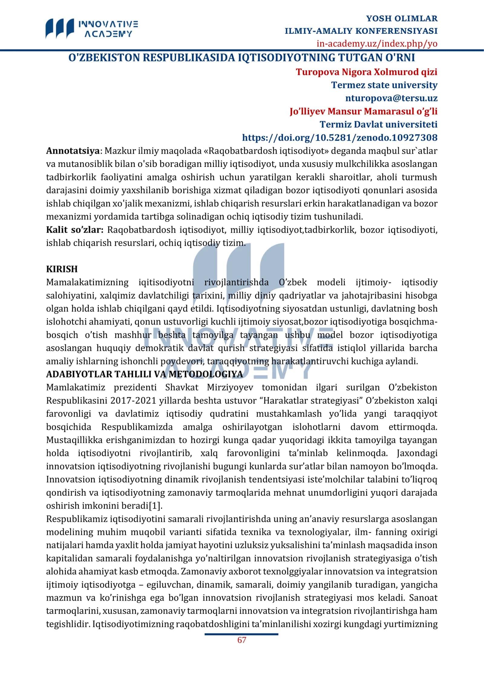 O'ZBEKISTON RESPUBLIKASIDA IQTISODIYOTNING TUTGAN O'RNI