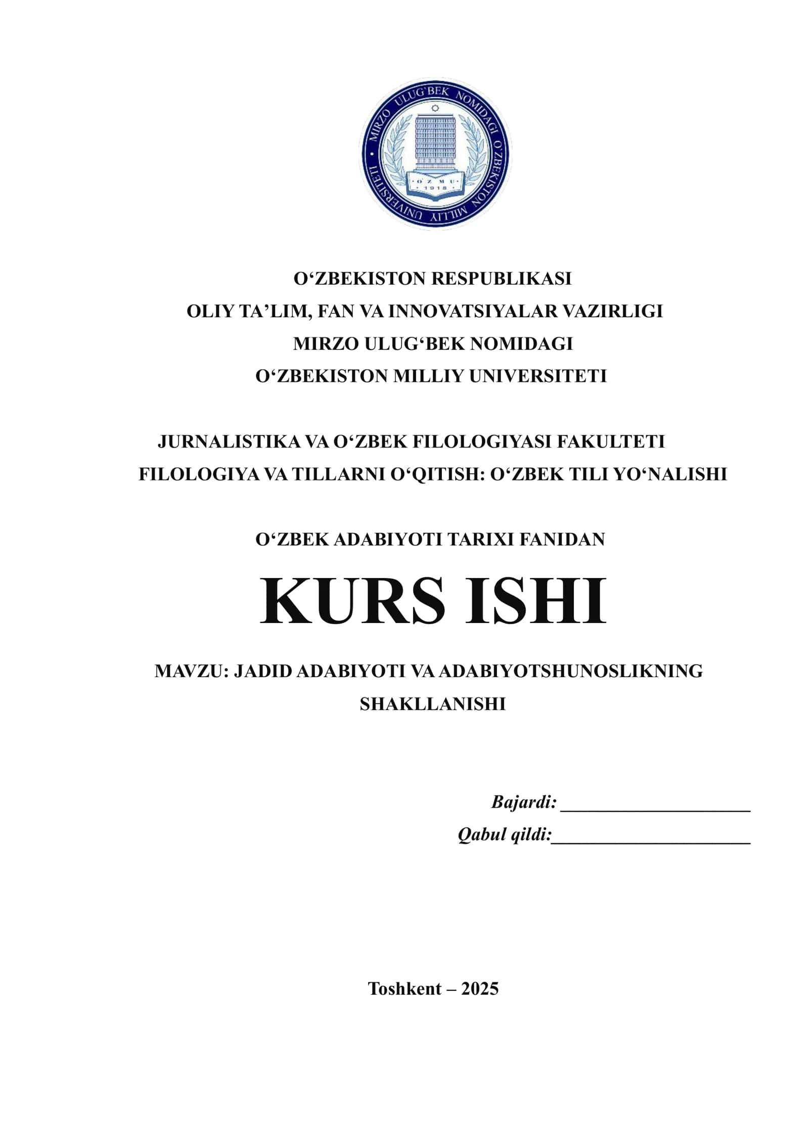 JADID ADABIYOTI VA ADABIYOTSHUNOSLIKNING SHAKLLANISHI