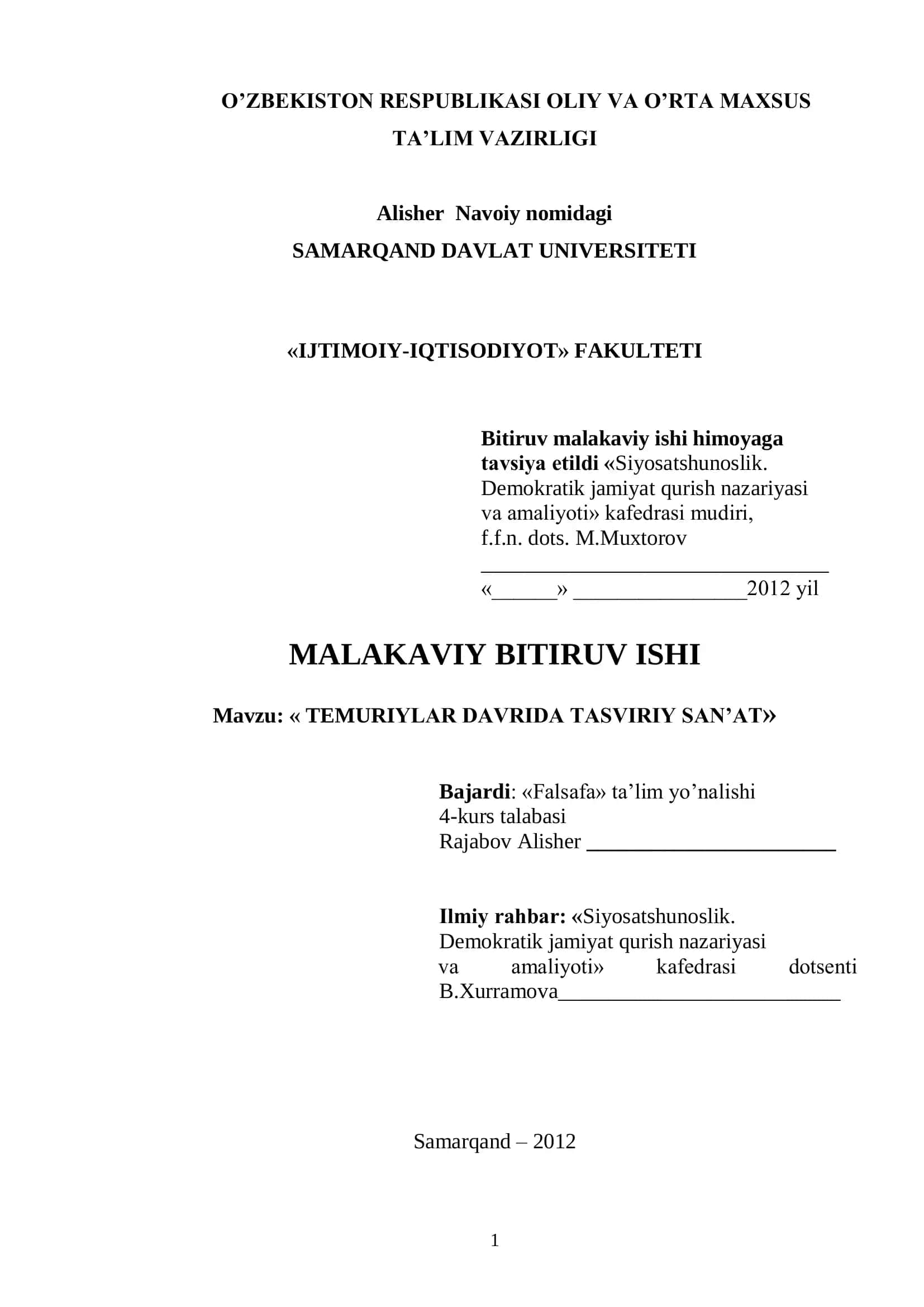TEMURIYLAR DAVRIDA TASVIRIY SAN’AT