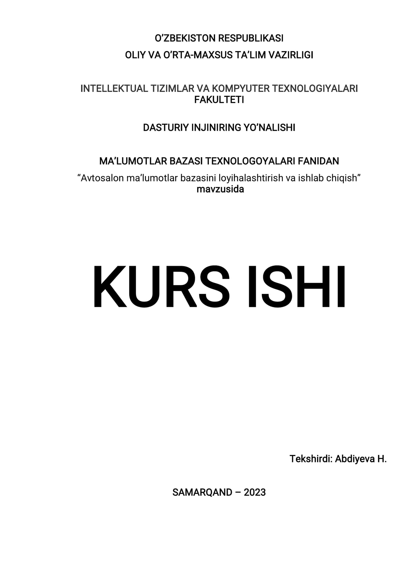 Avtosalon ma’lumotlar bazasini loyihalashtirish va ishlab chiqish