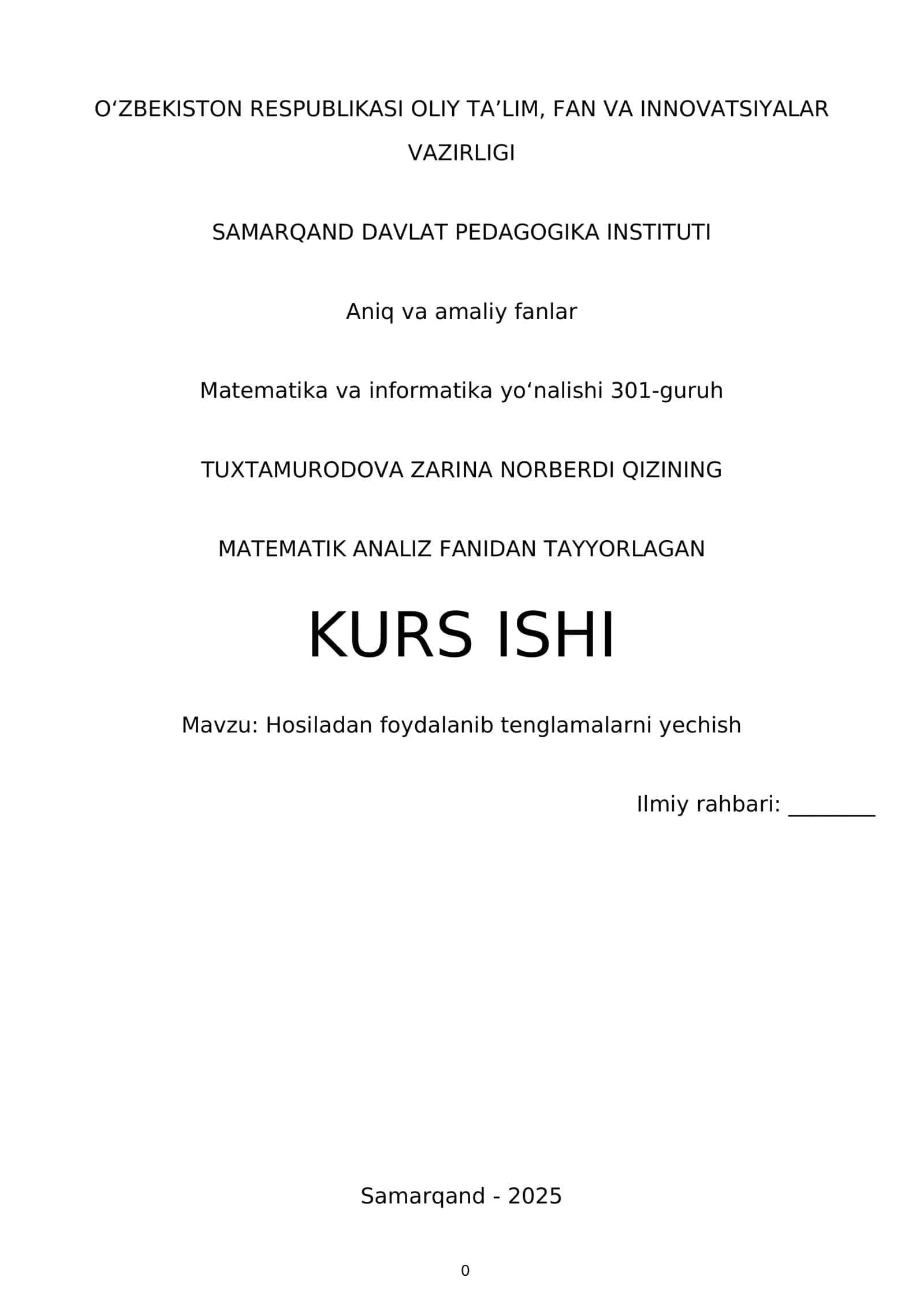 Kurs Işi: Hosiladan foydalanib tenglamalarni yechish