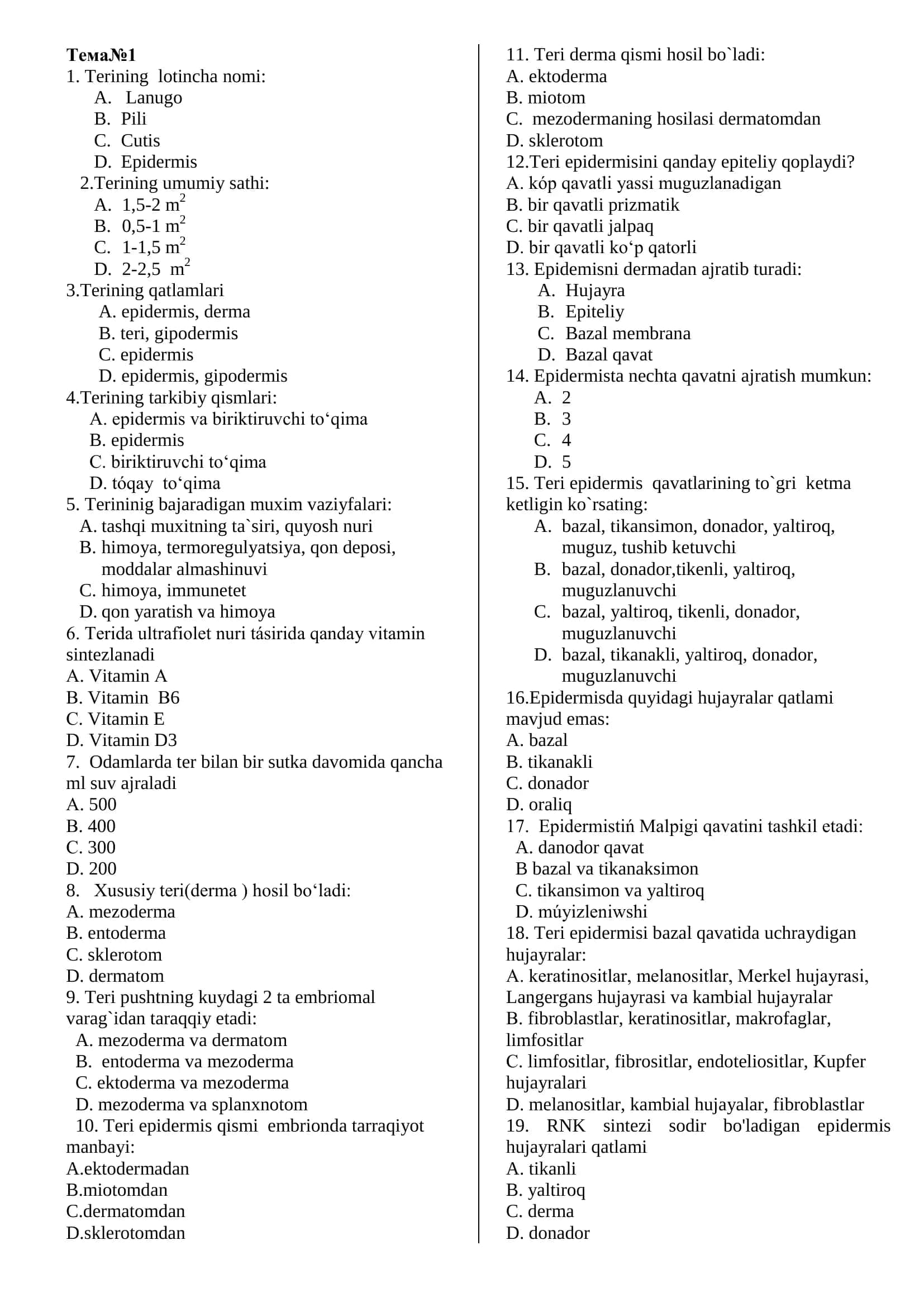 Gistologiya fanidan test toʻplami