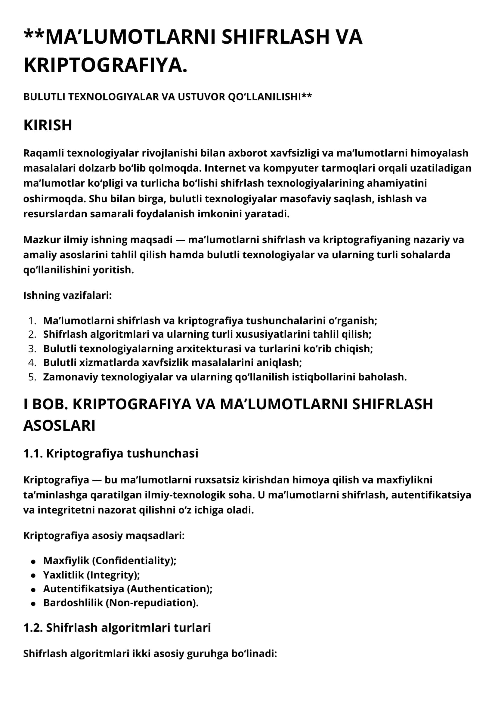 MA’LUMOTLARNI SHIFRLASH VA KRIPTOGRAFIYA