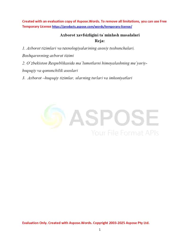 Axborot xavfsizligini ta`minlash masalalari