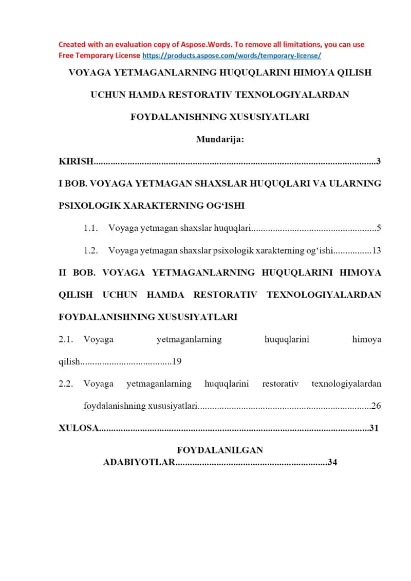 Voyaga yetmaganlarning huquqlarini himoya qilish uchun hamda restorativ texnologiyalardan foydalanishning xususiyatlari