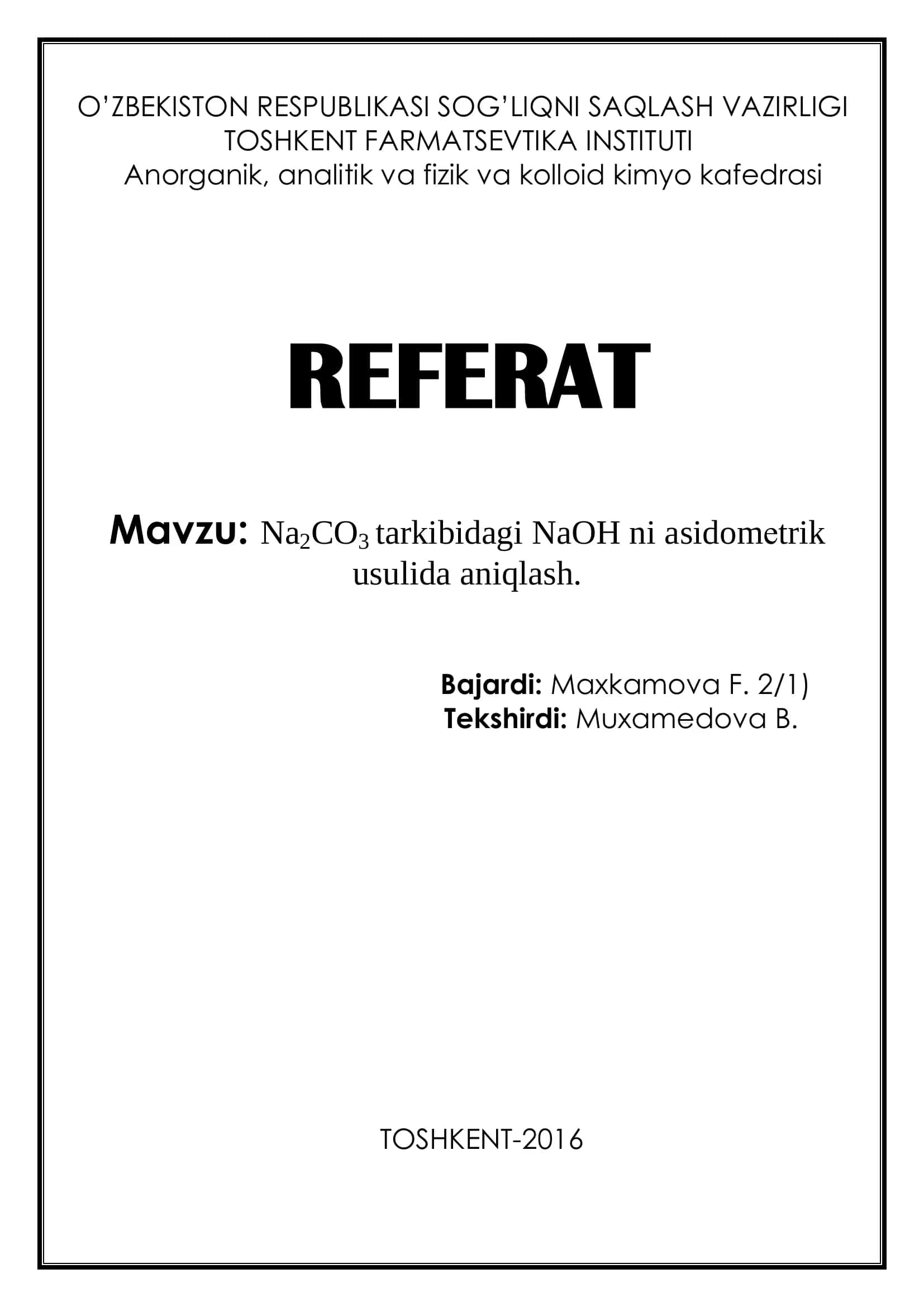 Na2CO3 tarkibidagi NaOH ni asidomеtrik usulida aniqlash