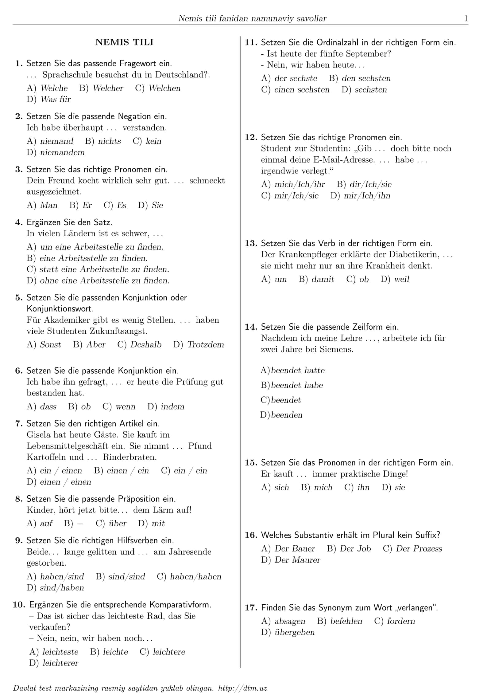 Nemis tili fanidan Dtm namunaviy savollar