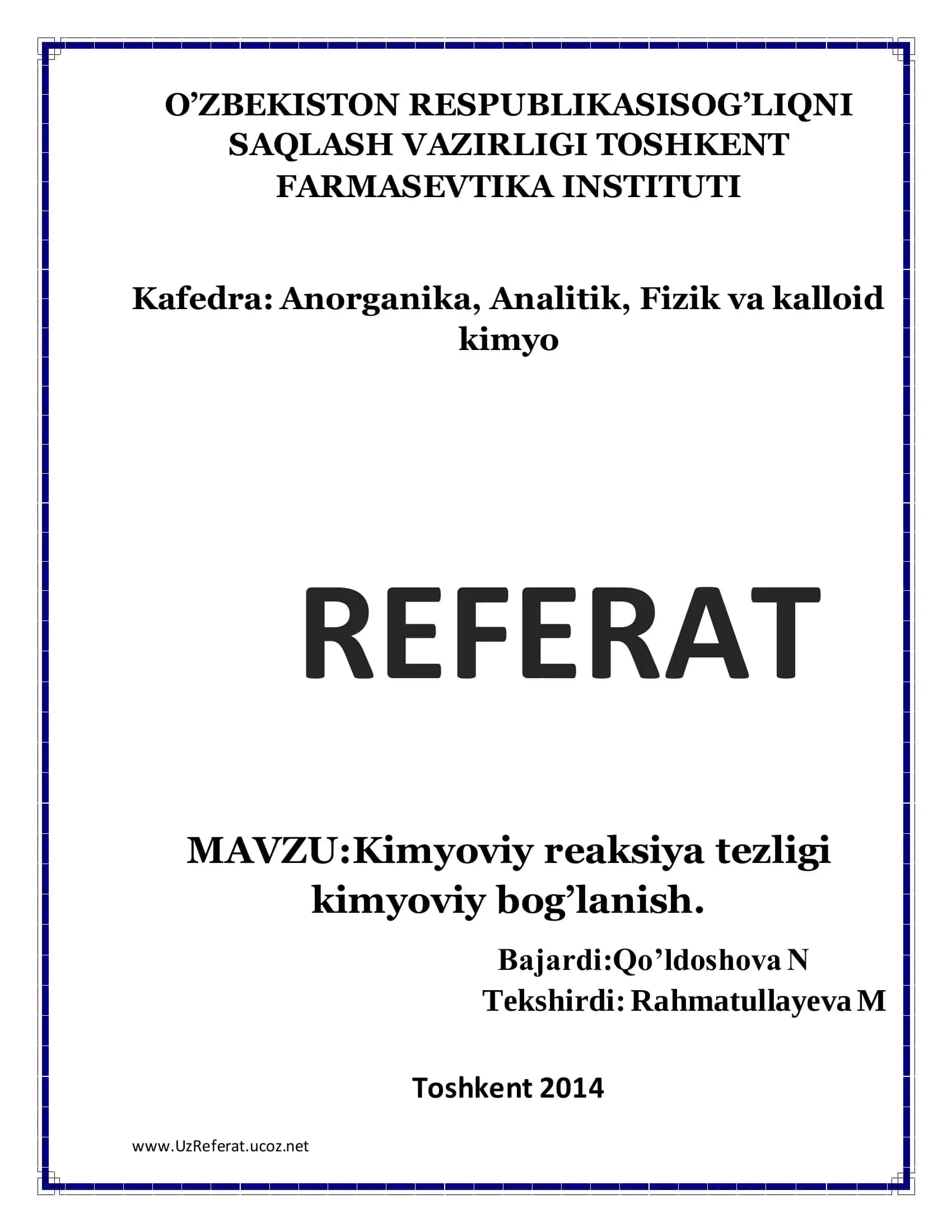 KIMYOVIY REAKSIYALAR VA KIMYOVIY BOG’LANISH TURLARI
