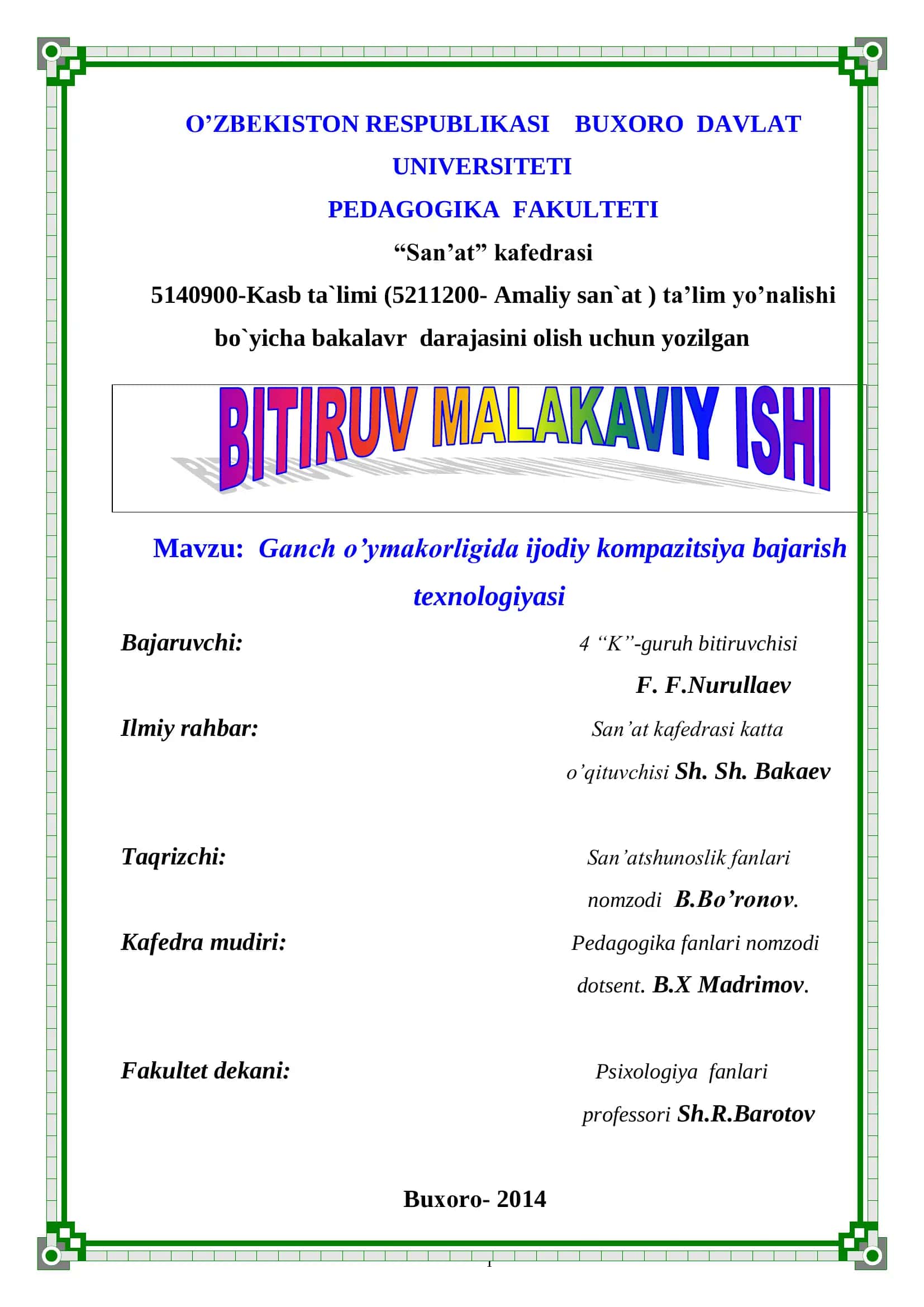 Ganch o’ymakorligida ijodiy kompazitsiya bajarish texnologiyasi