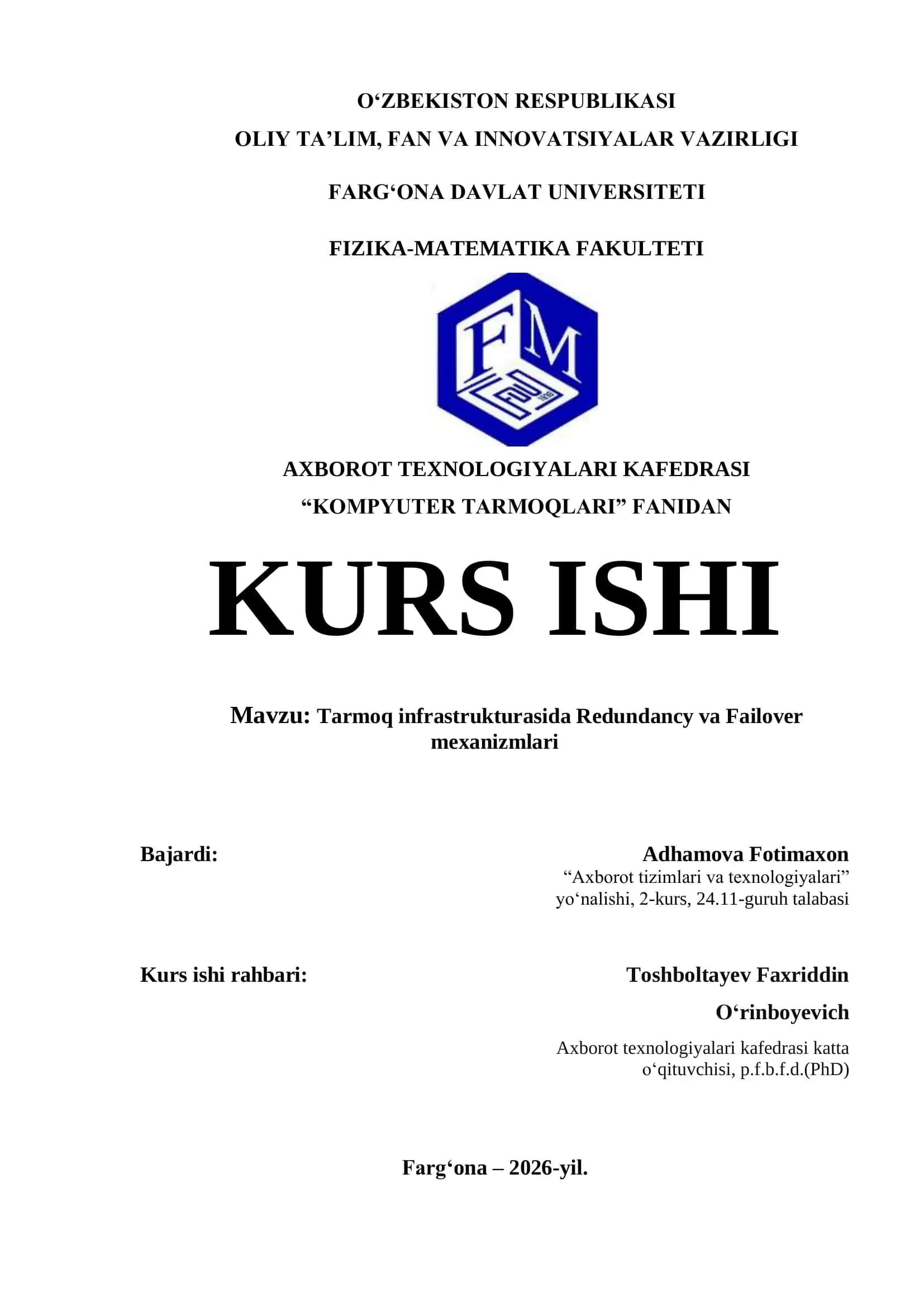 Tarmoq infrastrukturasida Redundancy va Failover mexanizmlari