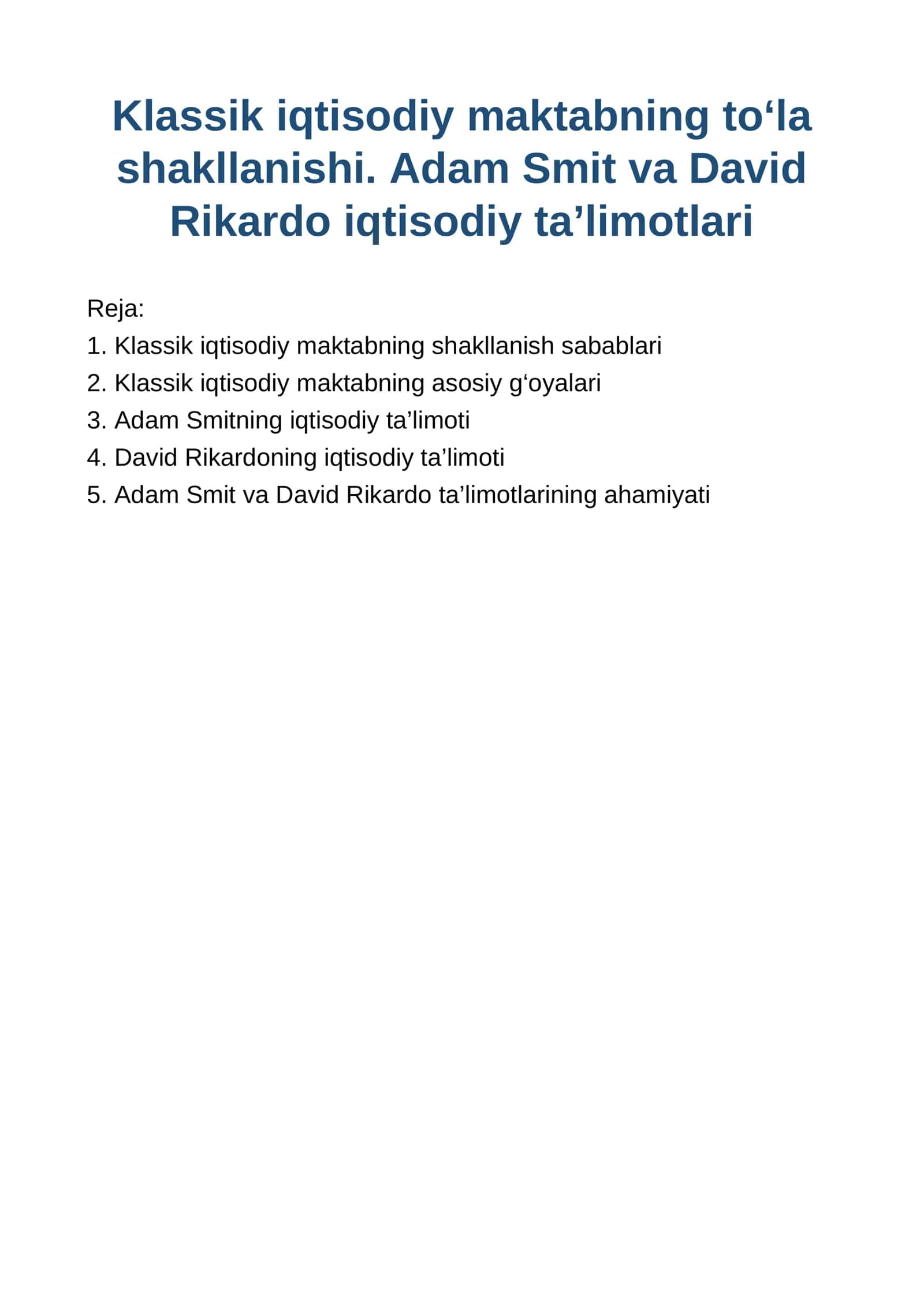 Adam Smit va David Rikardo iqtisodiy ta’limotlari