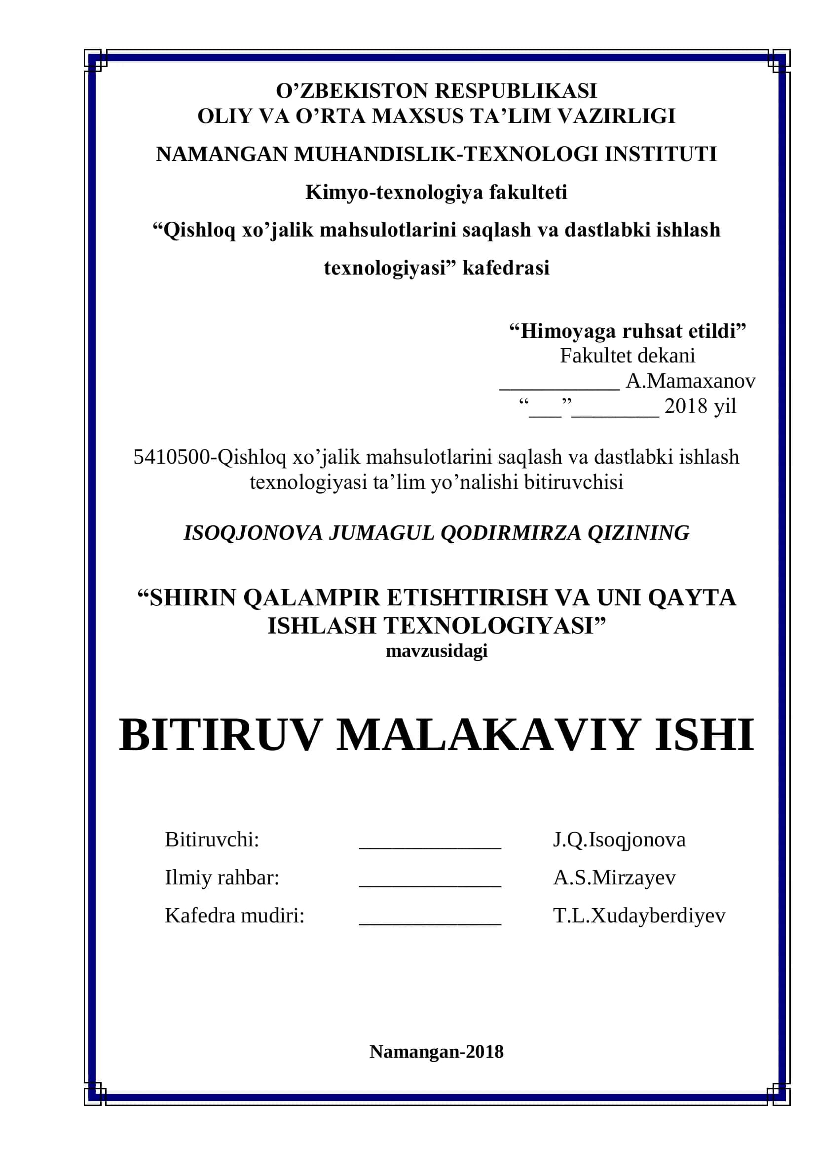 Qishloq xo'jalik mahsulotlarini saqlash va dastlabki ishlash texnologiyasi