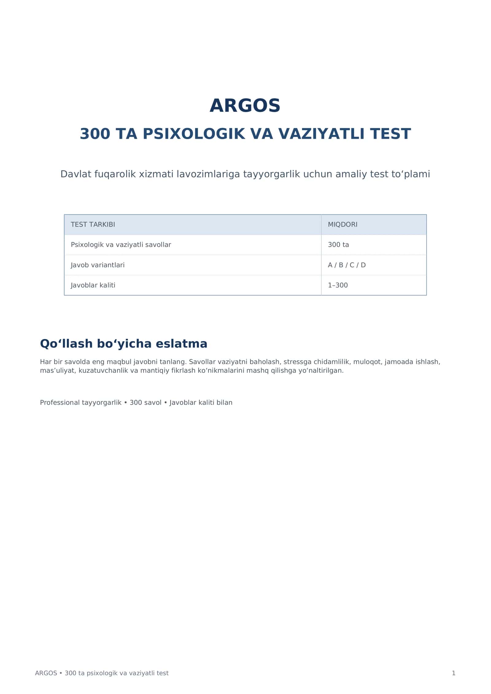 ARGOS 300 ta Psixologik Test | Davlat Xizmati uchun Testlar | Javoblar Kaliti bilan PDF