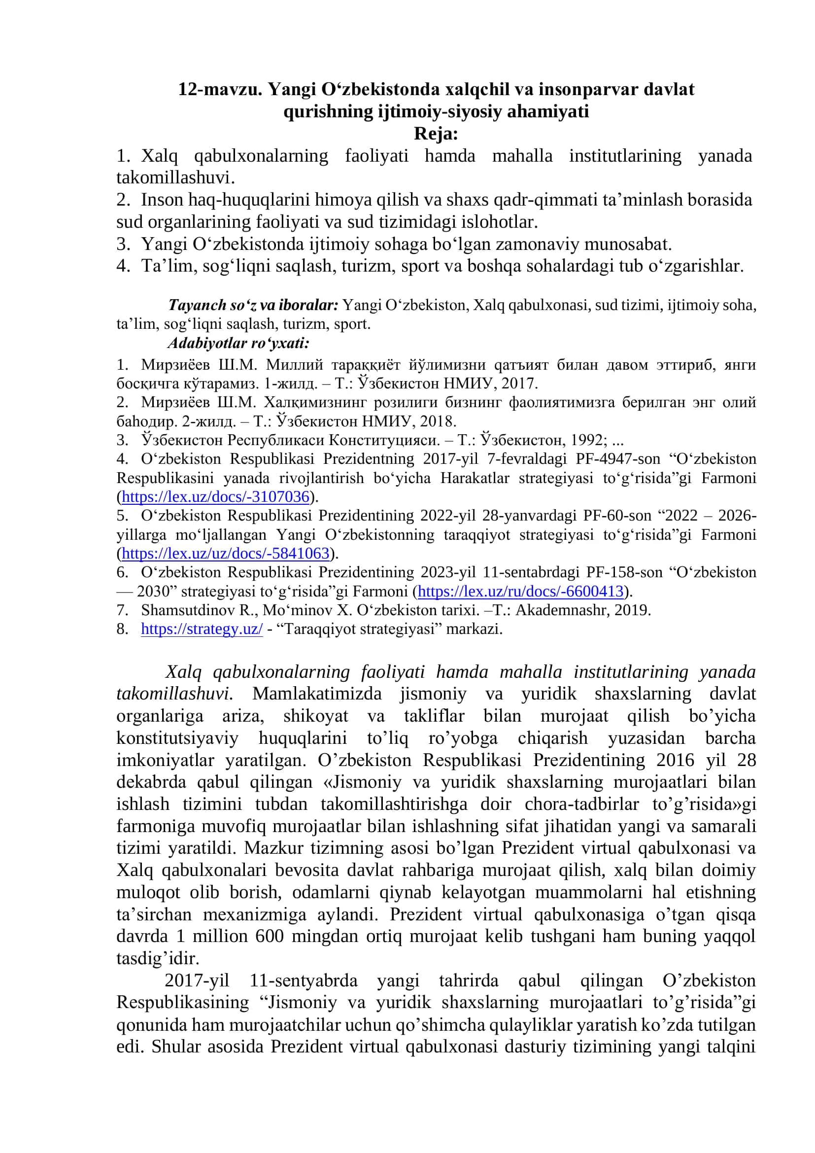 12-mavzu. Yangi O‘zbekistonda xalqchil va insonparvar davlat qurishning ijtimoiy-siyosiy ahamiyati