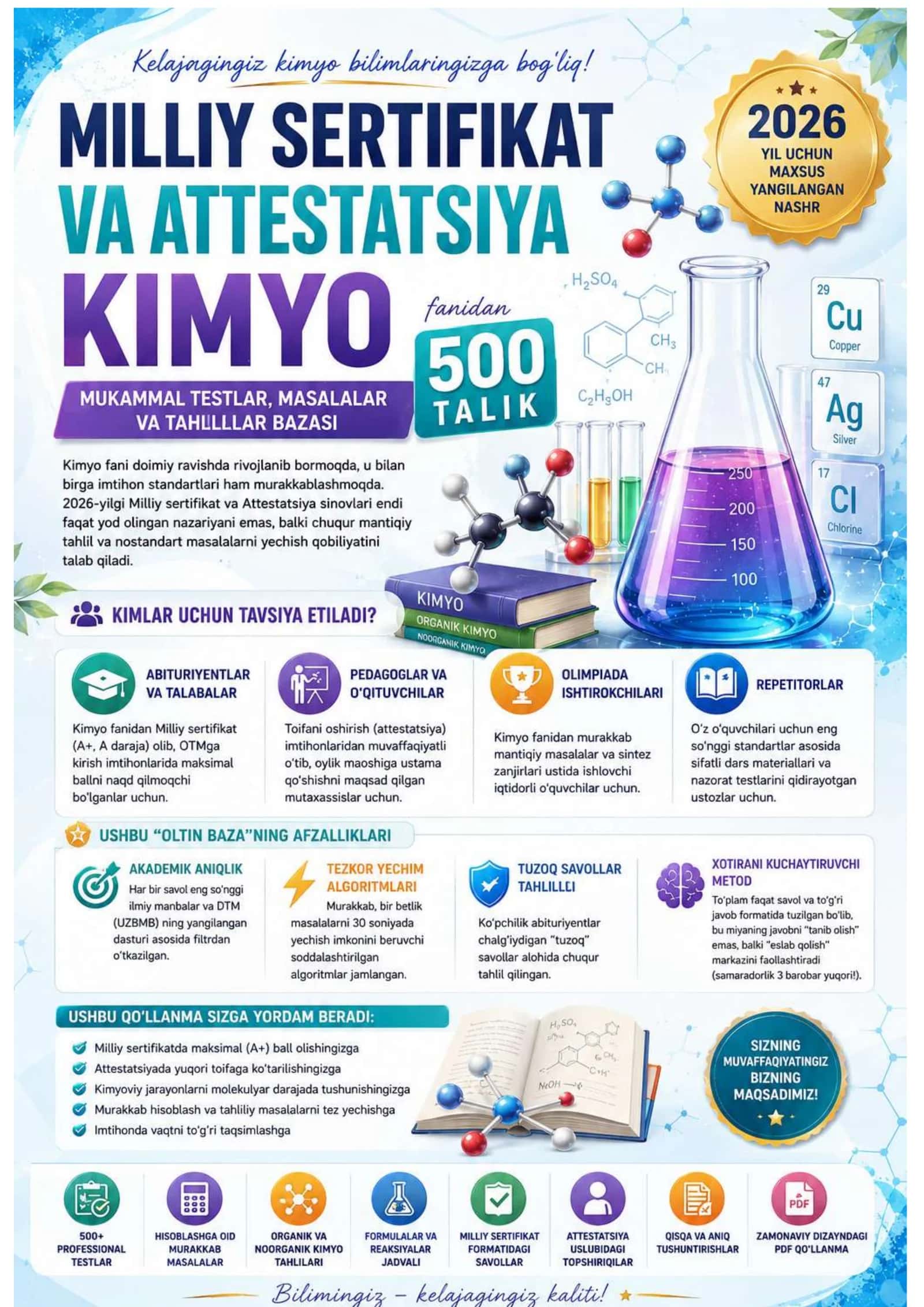 KIMYO MILLIY SERTIFIKAT VA ATTESTATSIYA MUKAMMAL MASALALAR VA TAHLILLARI 500+ 2026 YIL