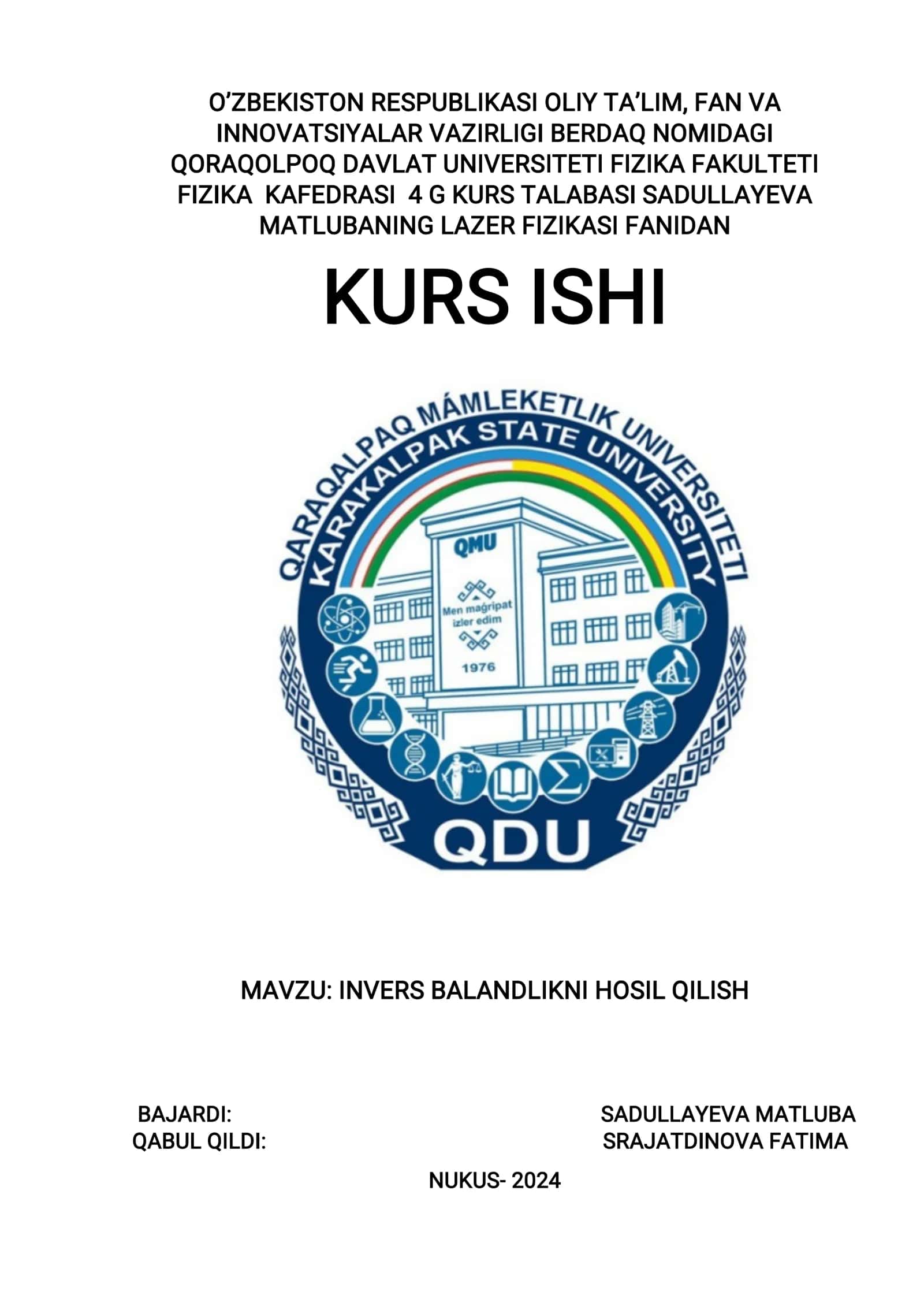 LAZER FIZIKASI FANIDAN KURS ISHI