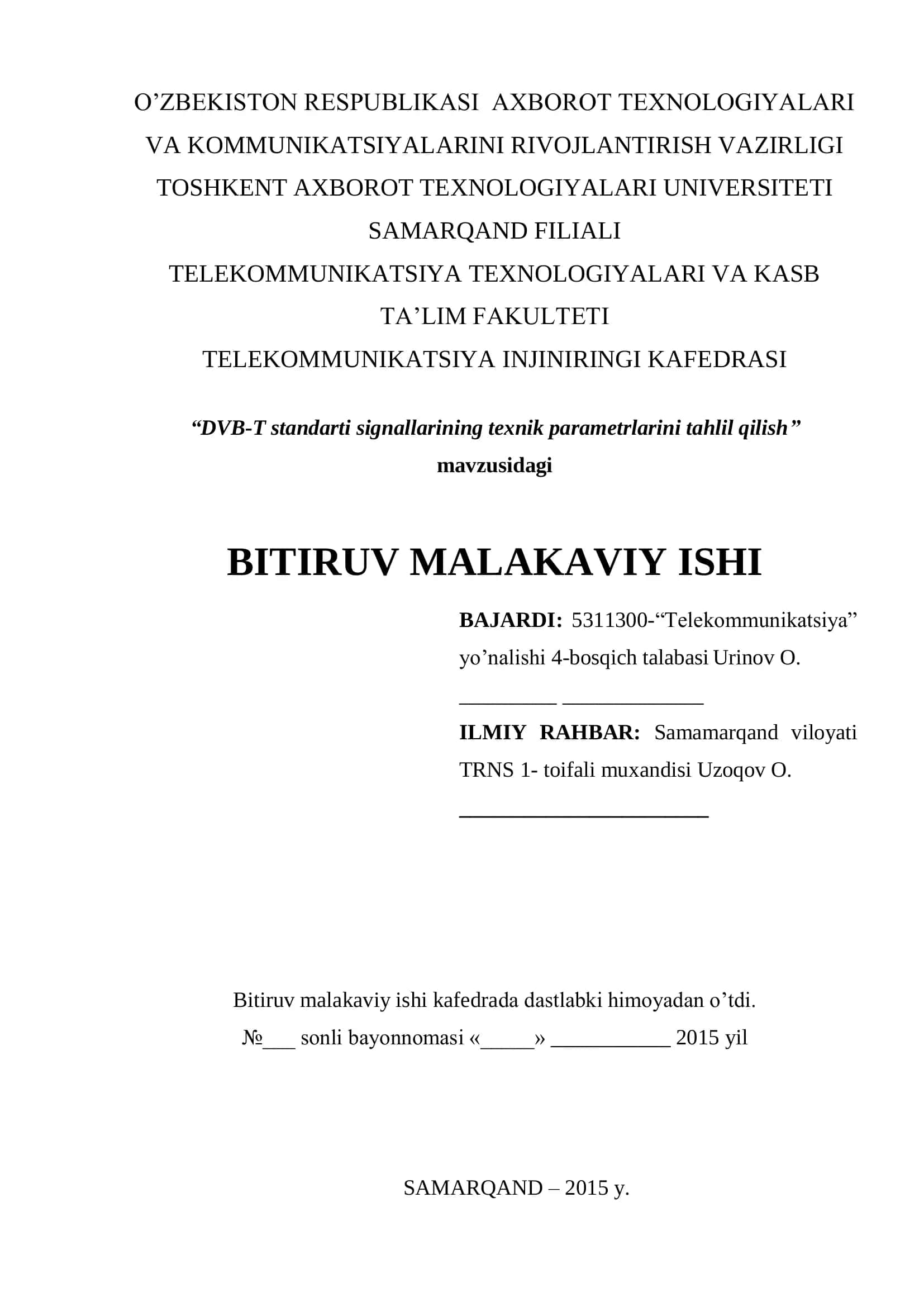 TEXNIK PARAMETRLARNI TAHLIL QILISH