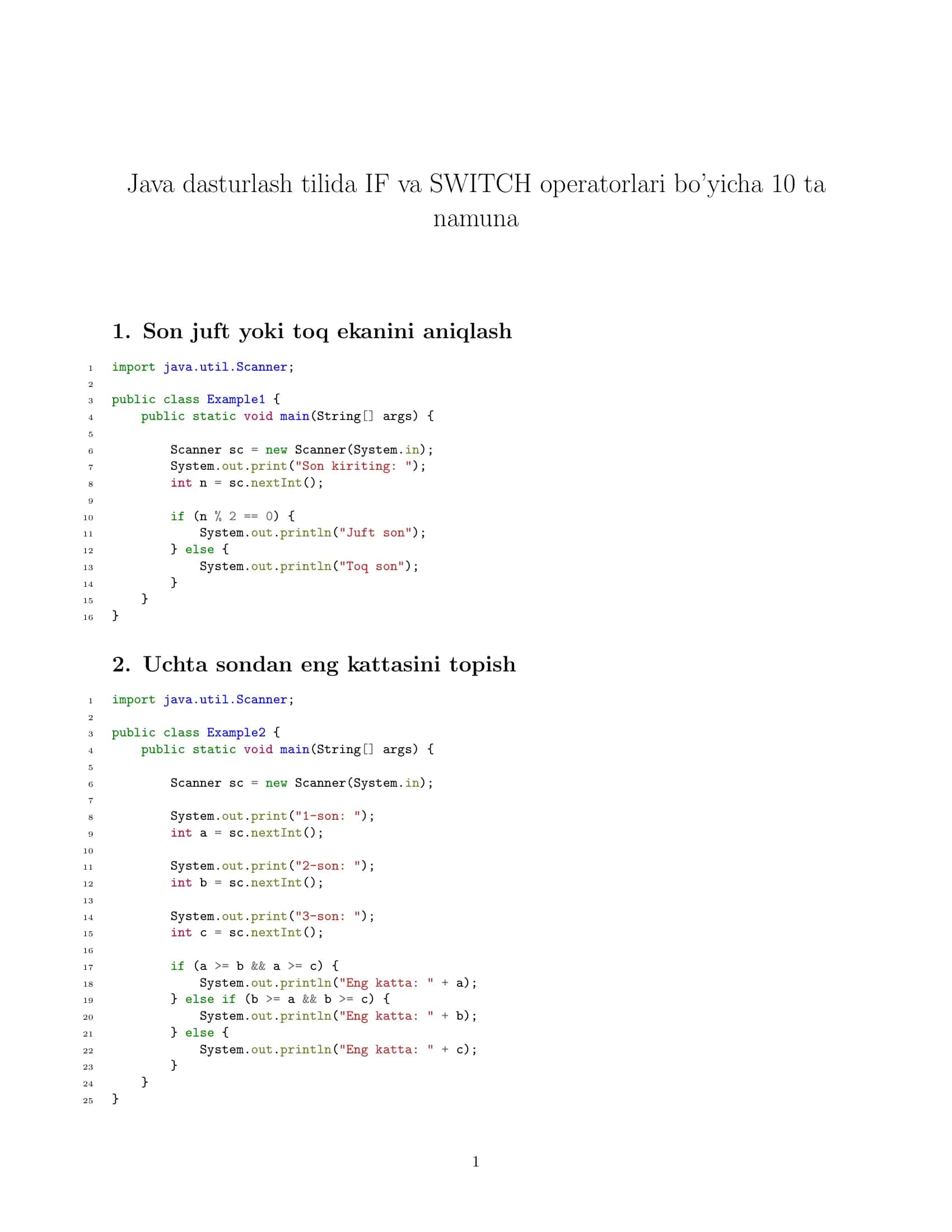 Java dasturlashda IF va SWITCH operatorlari