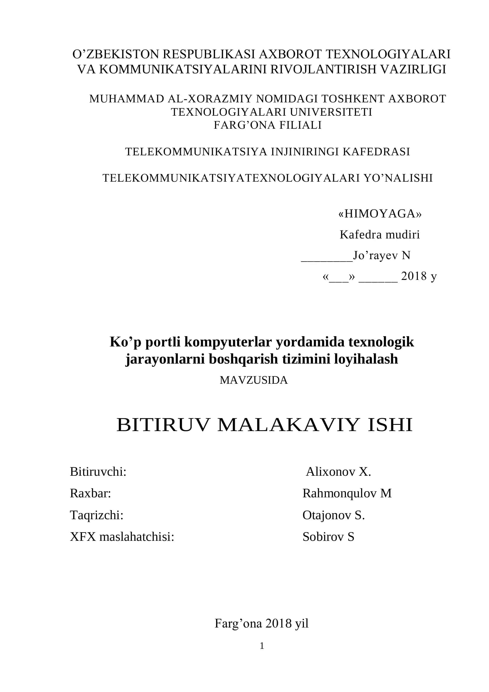Texnologik jarayonlarni boshqarish tizimini loyihalash