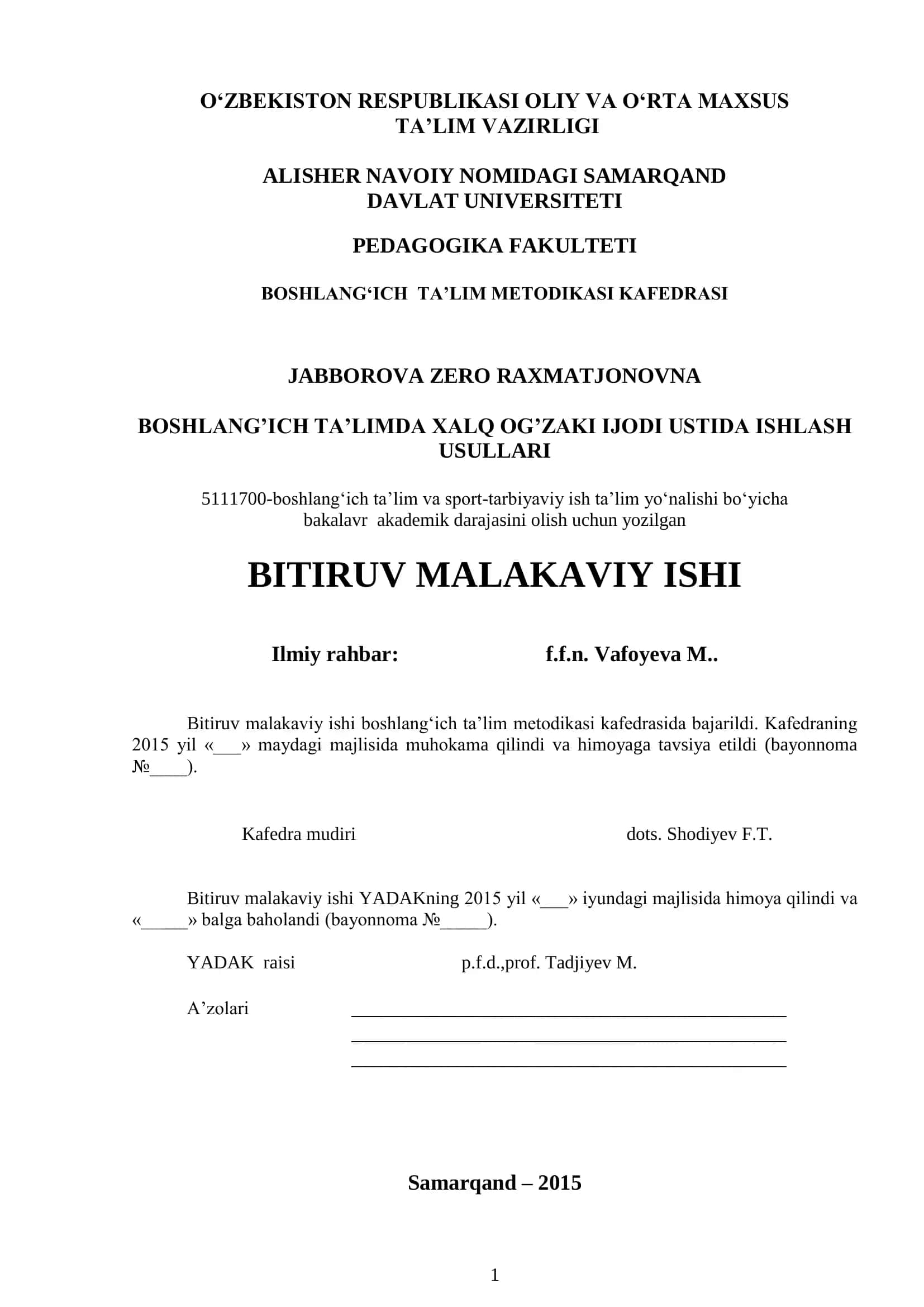 BOSHLANG’ICH TA’LIMDA XALQ OG’ZAKI IJODI USTIDA ISHLASH USULLARI