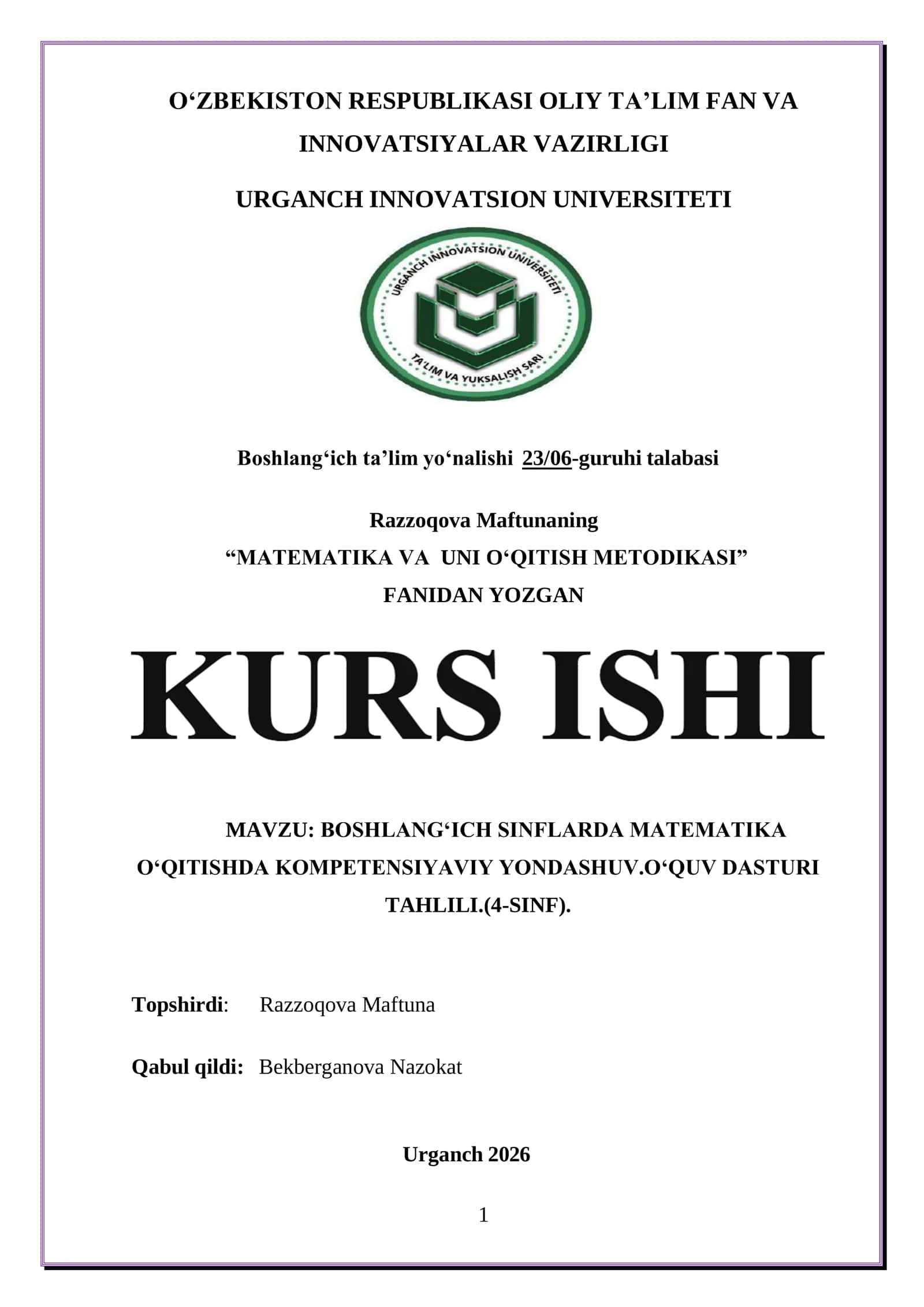 BOSHLANGʻICH SINFLARDA MATEMATIKA OʻQITISHDA KOMPETENSIYAVIY YONDASHUV.OʻQUV DASTURI TAHLILI.(4-SINF)