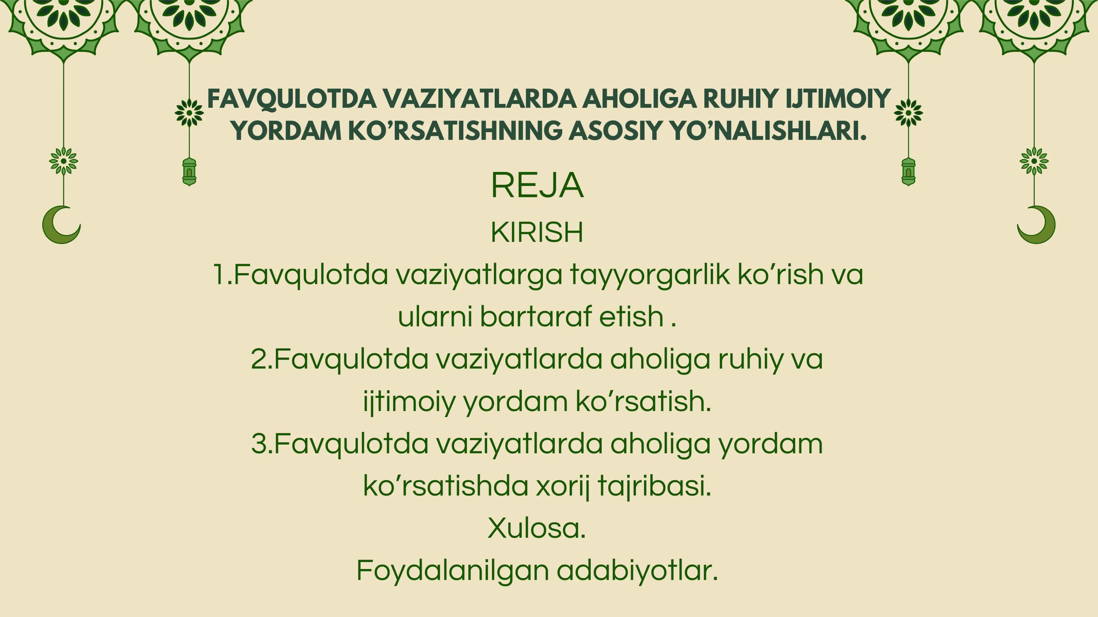 FAVQULOTDA VAZIYATLARDA AHOLIGA RUHIY IJTIMOIY YORDAM KO’RSATISHNING ASOSIY YO’NALISHLARI.