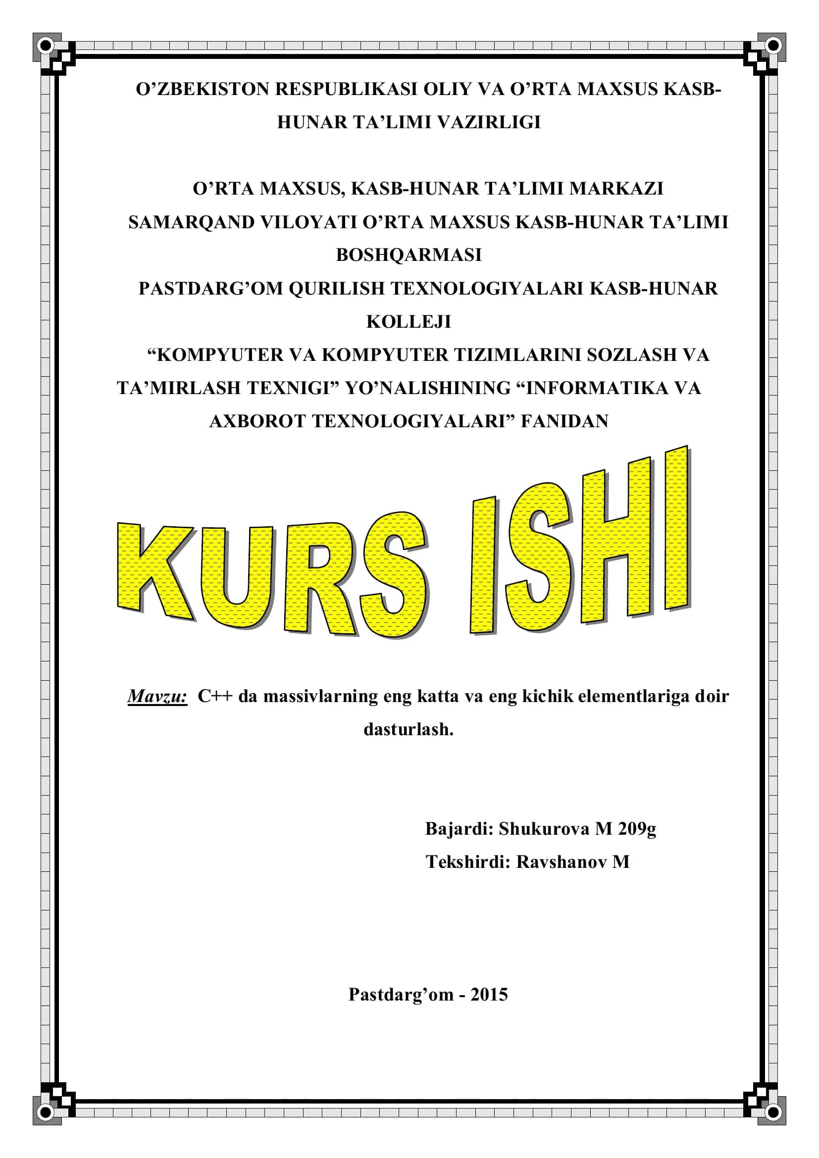 "KOMPYUTER VA KOMPYUTER TIZIMLARINI SOZLASH VA TA’MIRLASH TEXNIGI" YO’NALISHI