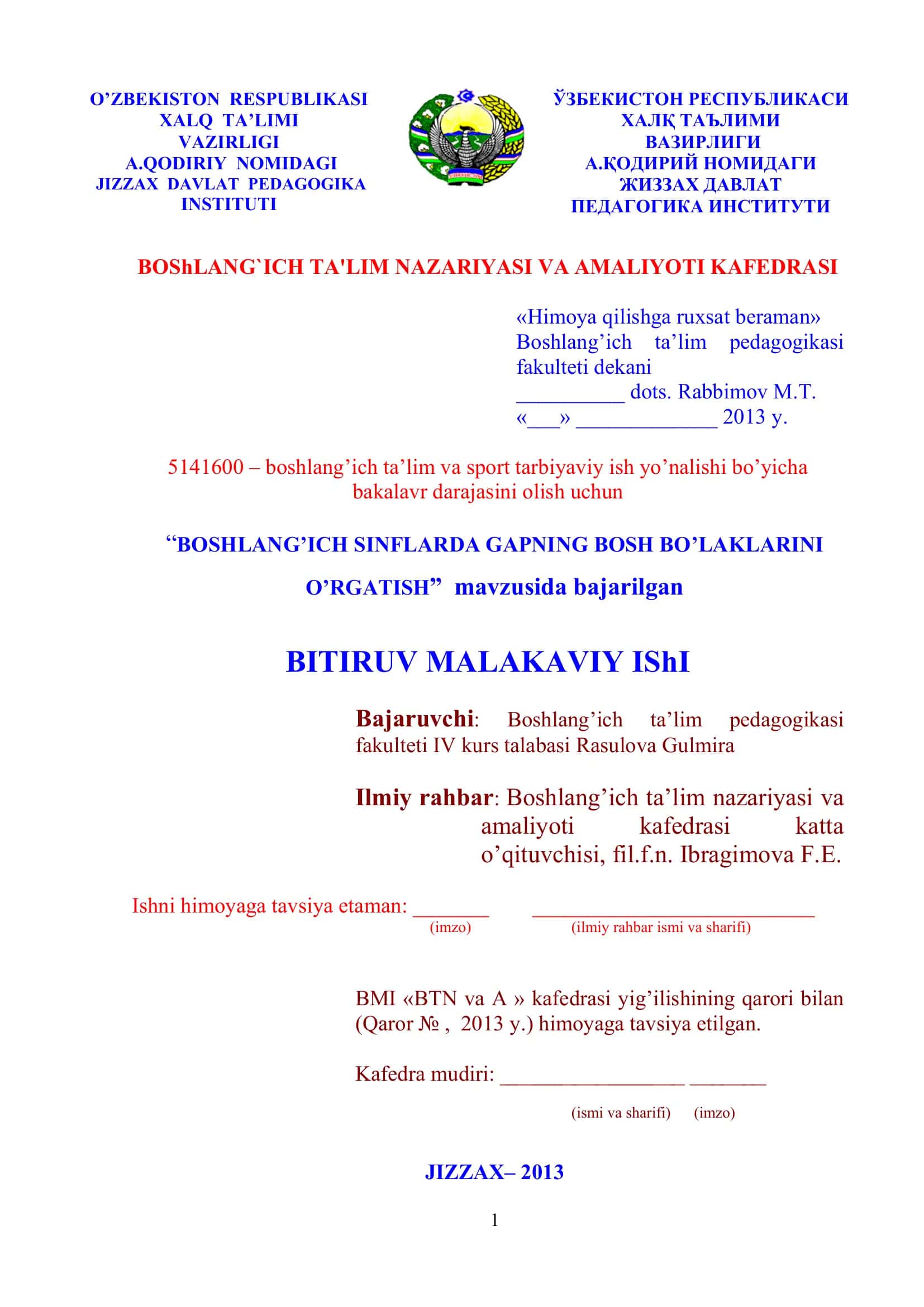 Boshlang’ich SINFLARDA GAPNING BOSH BO’LAKLARINI O’RGATISH