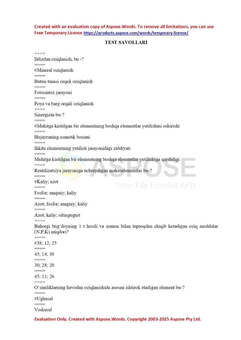 Test savollari (o‘simlik fiziologiyasi va oziqlanishi)