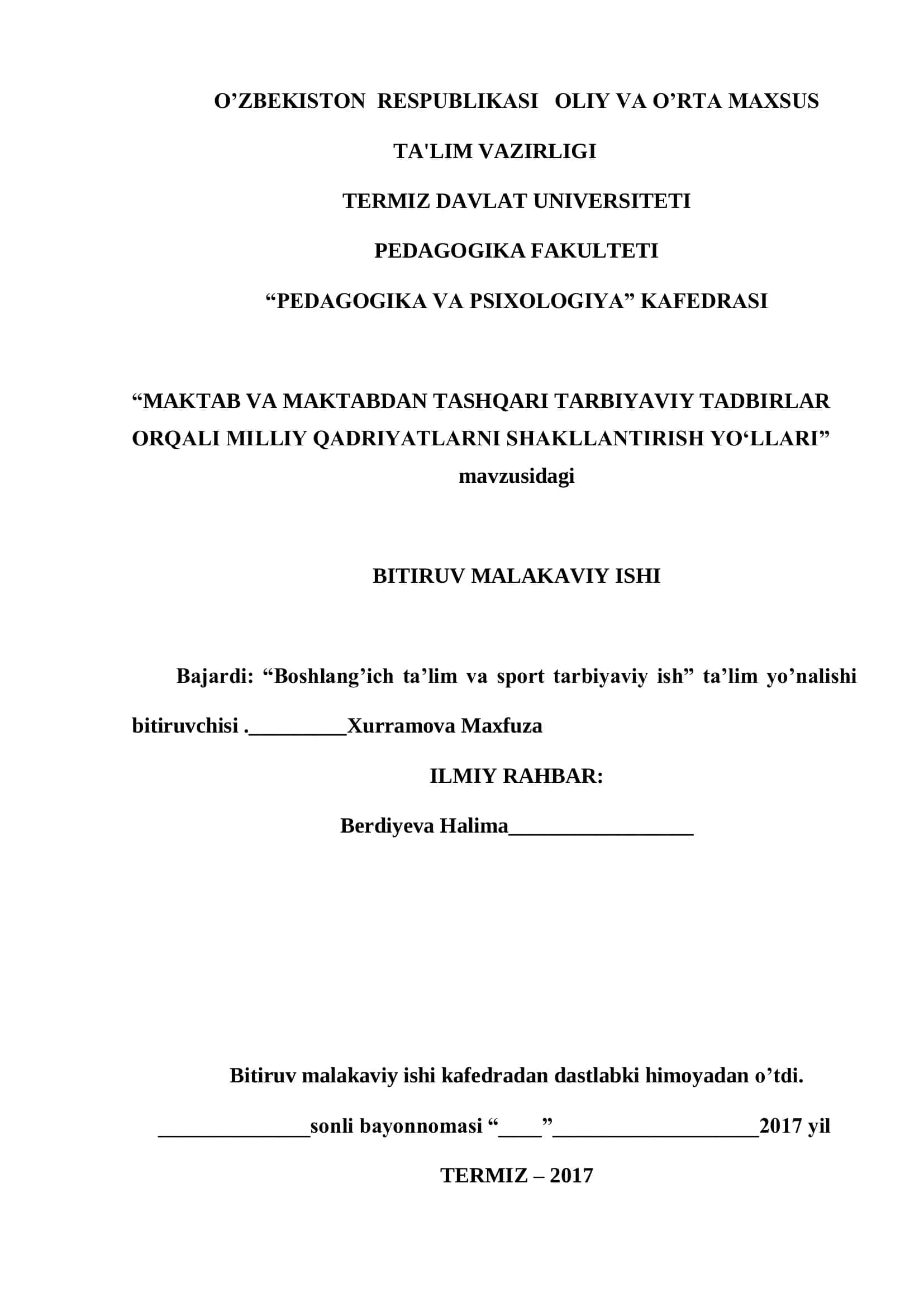 MAKTAB VA MAKTABDAN TASHQARI TARBIYAVIY TADBIRLAR ORQALI MILLIY QADRIYATLARNI SHAKLLANTIRISH YO‘LLARI