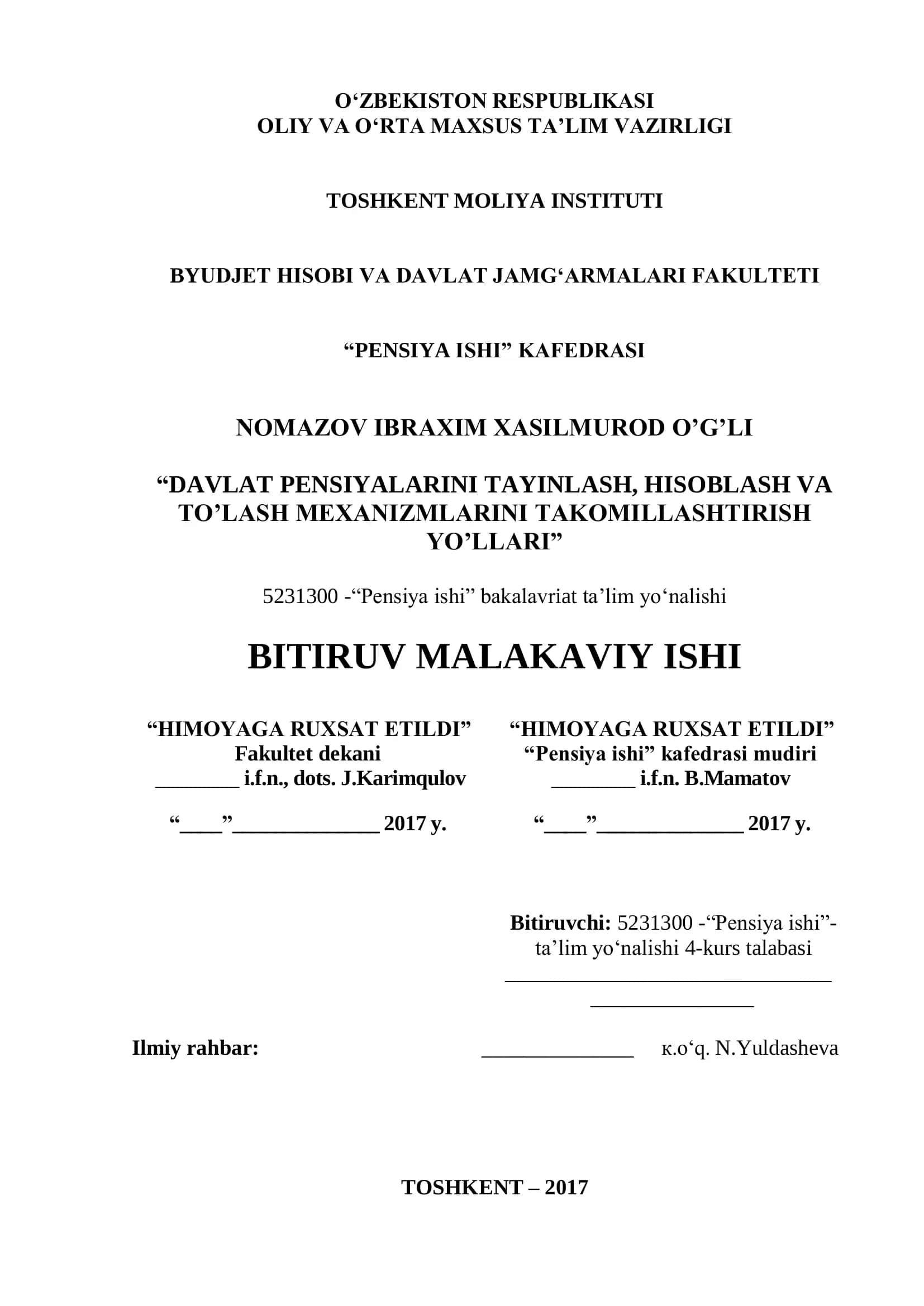 Pensiya ishi bakalavriat ta'lim yo‘nalishi
