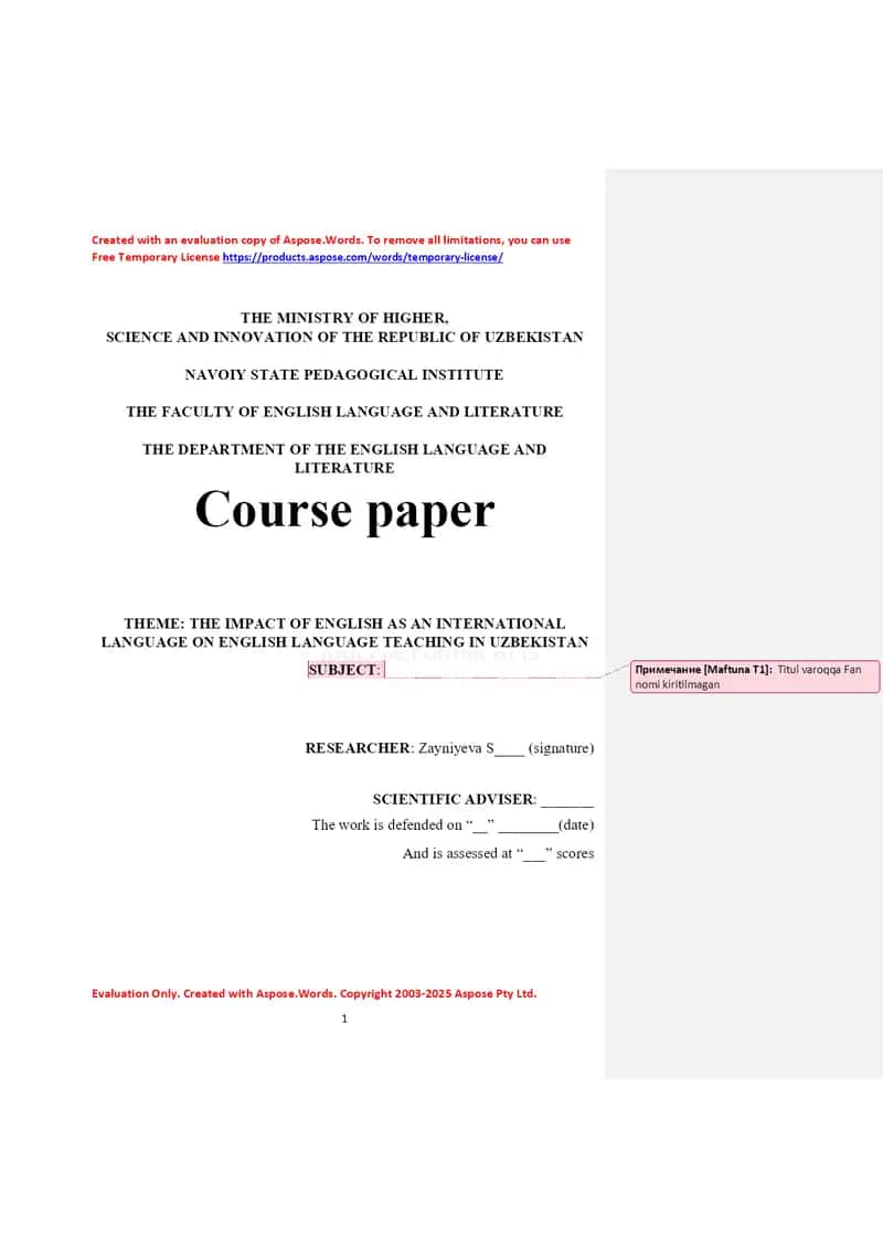 The Impact of English as an International Language on English Language Teaching in Uzbekistan