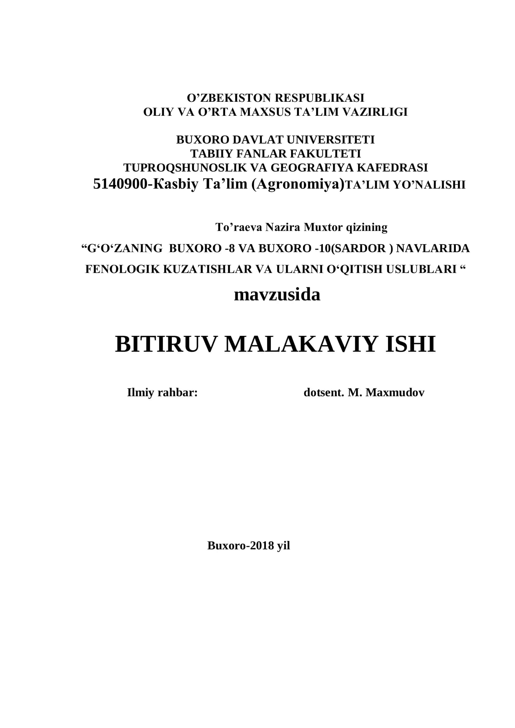 G'ozaning Buxoro -8 va Buxoro -10(Sardor) navlarida FENOLOGIK KUZATISHLAR VA ULARNI O‘QITISH USLUBLARI