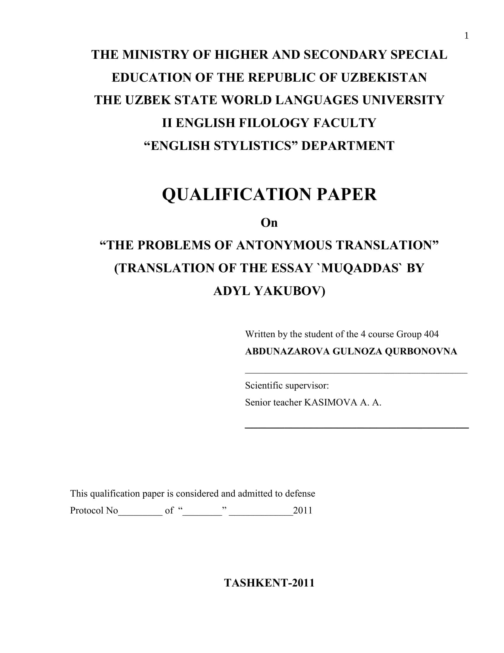 QUALIFICATION PAPER ON “THE PROBLEMS OF ANTONYMOUS TRANSLATION”