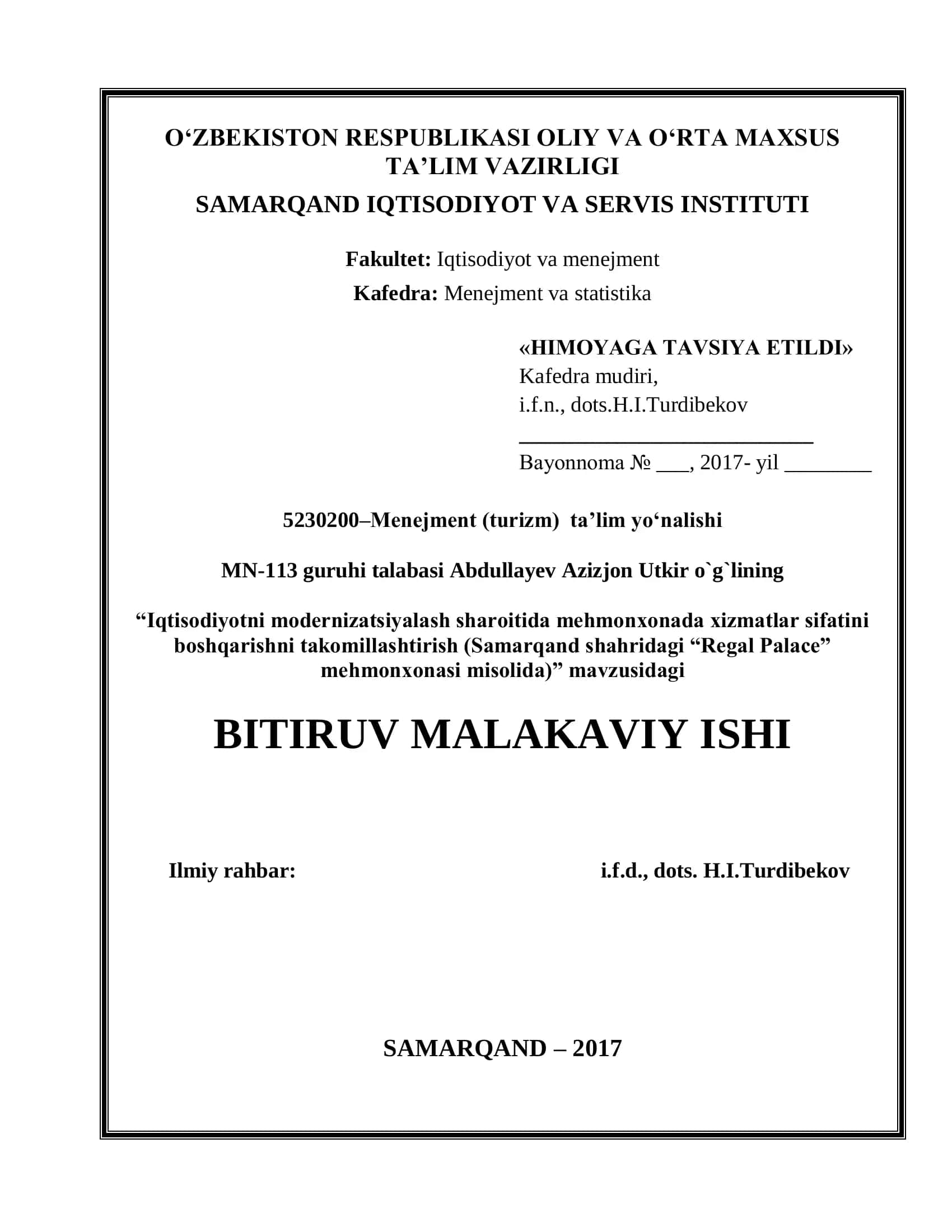 Mehmonxonada xizmatlar sifatini boshqarish