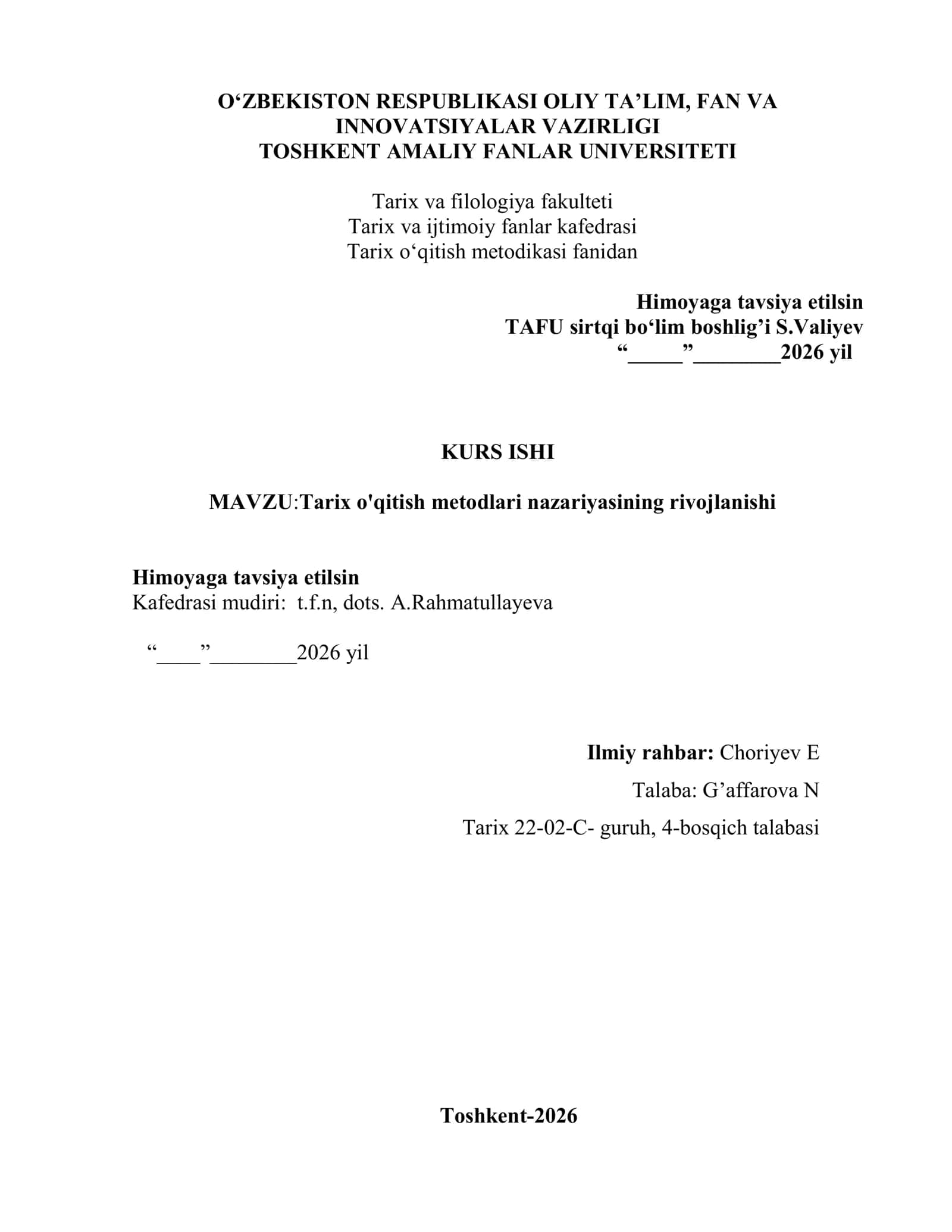 Tarix o'qitish metodlari nazariyasi