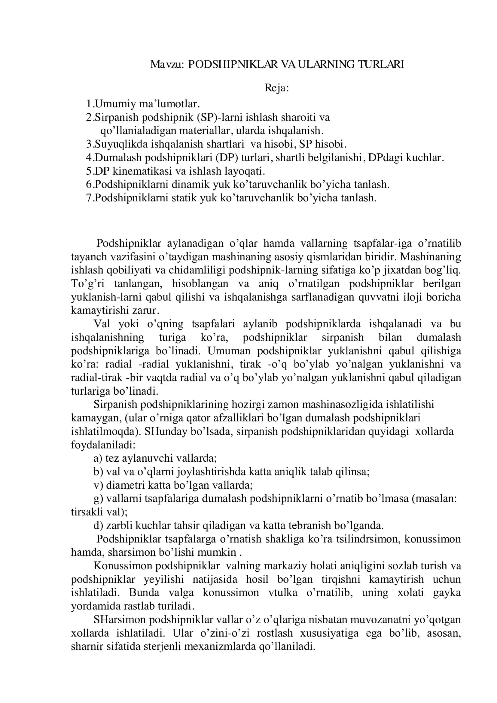 PODSHIPNIKLAR VA ULARNING TURLARI