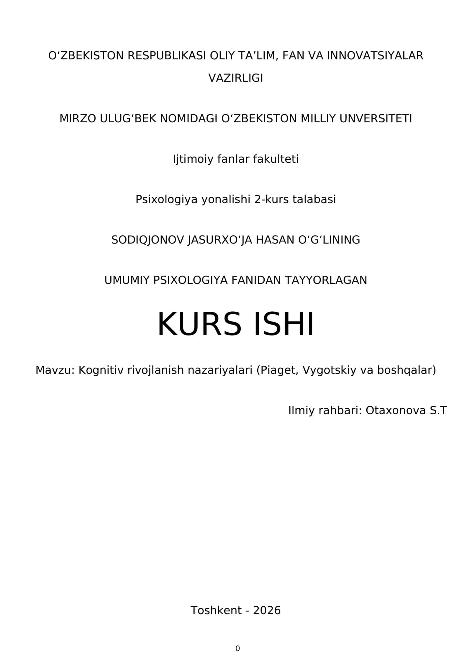 UMUMIY PSIXOLOGIYA FANIDAN TAYYORLAGAN KURS ISHI