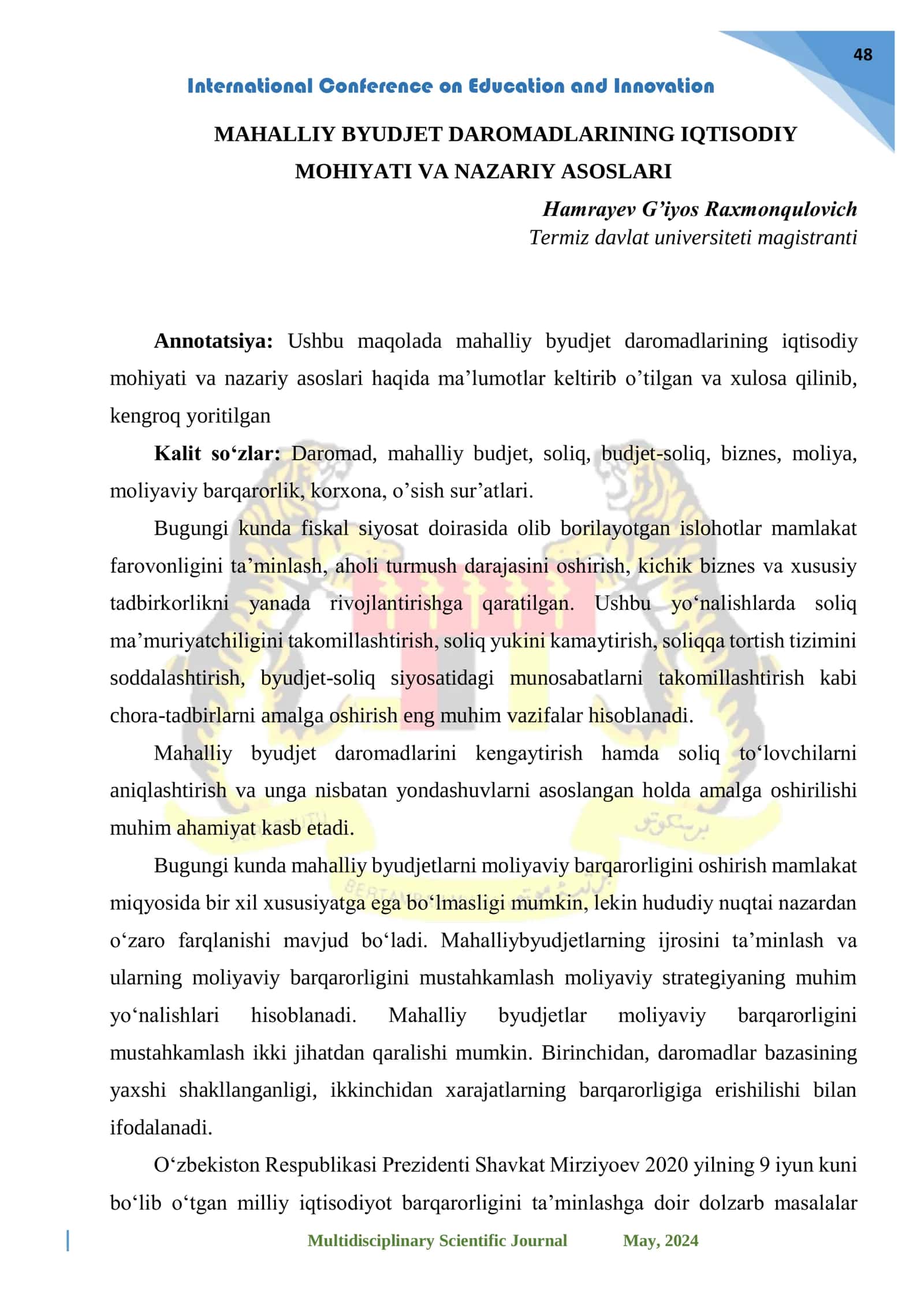MAHALLIY BYUDJET DAROMADLARINING IQTISODIY MOHIYATI VA NAZARIY ASOSLARI