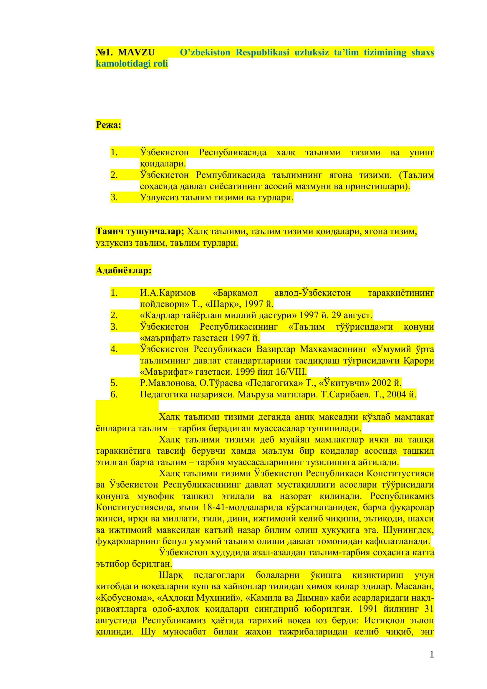 O‘zbekiston Respublikasi uzluksiz ta‘lim tizimining shaxs kamolotidagi roli