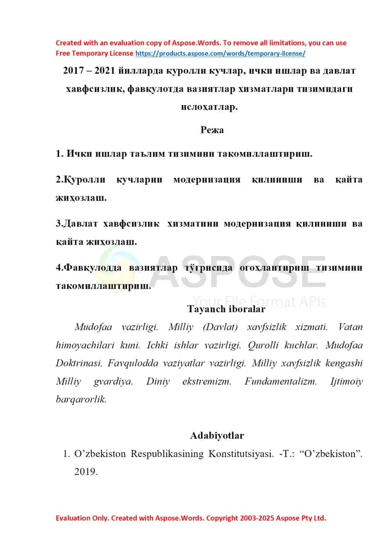 2017–2021 йилларда қуролли кучлар, ички ишлар ва давлат хавфсизлик, фавқулотда вазиятлар хизматлари тизимидаги ислоҳотлар