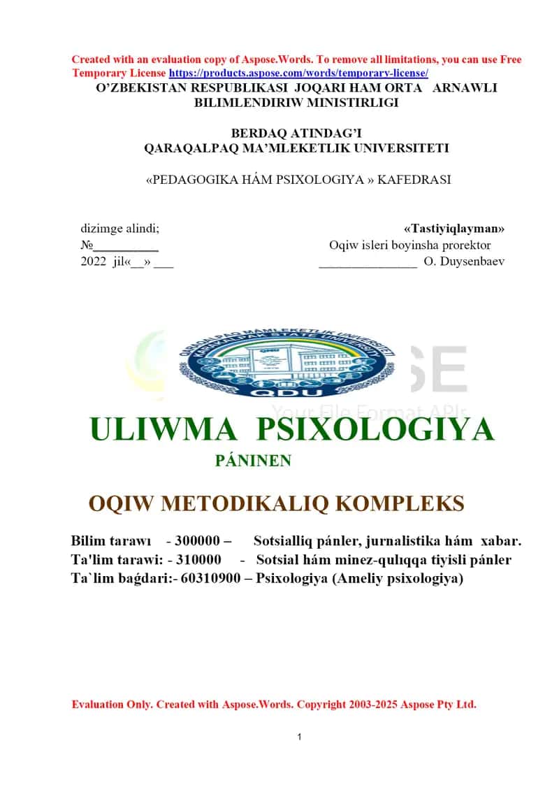 O‘quv-metodik kompleks “Uliwma psixologiya” (60310900 – Ameliy psixologiya)