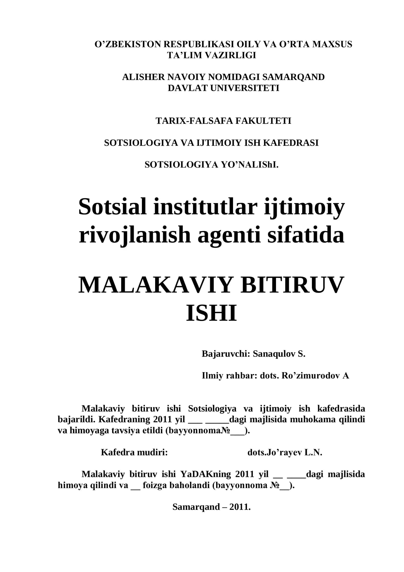 Sotsial institutlar ijtimoiy rivojlanish agenti sifatida